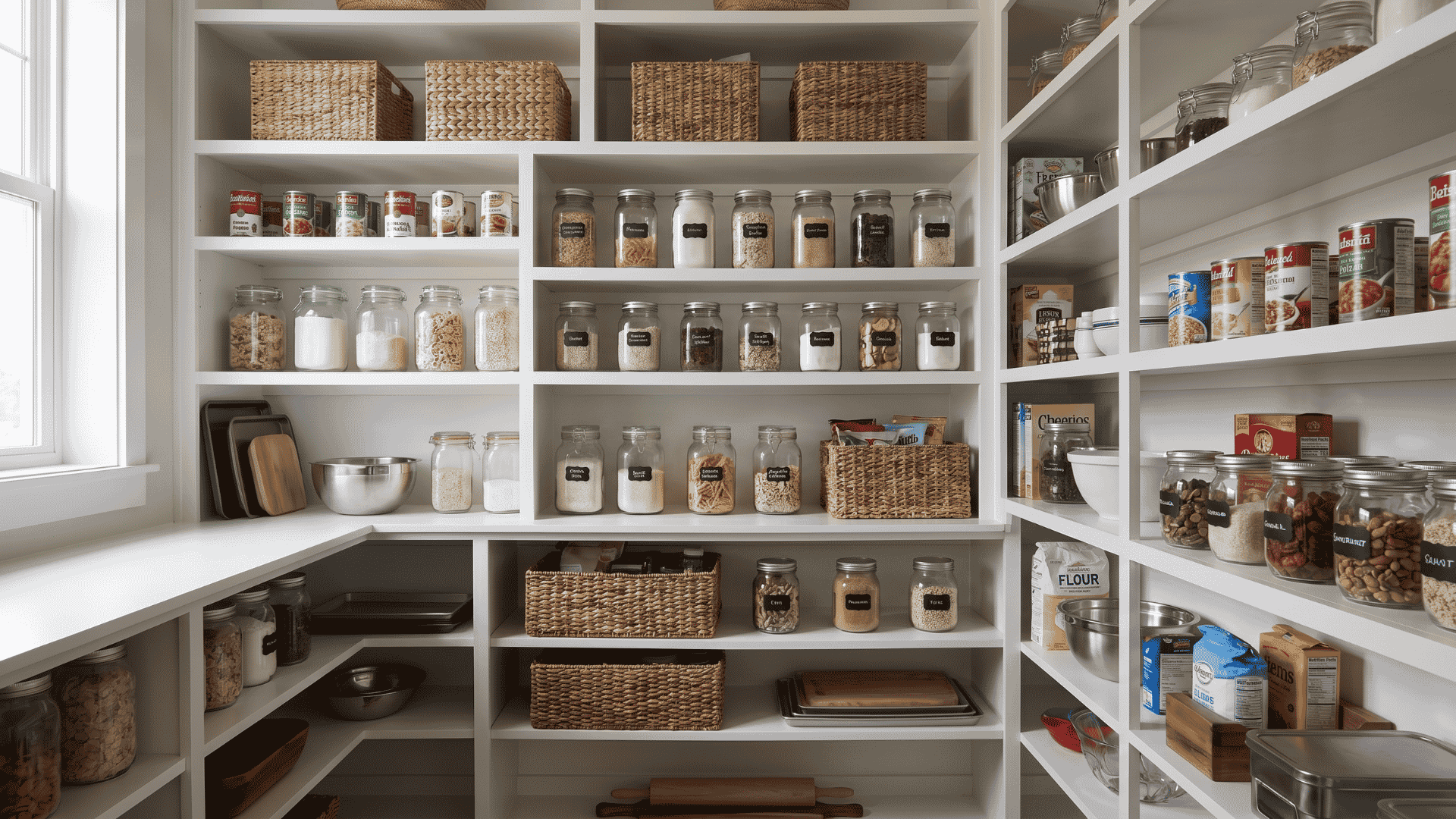 floor-to-ceiling-pantry-shelves-with-clear-containers-woven-bins-and-plain-packaged-kitchen-supplies-arranged-neatly