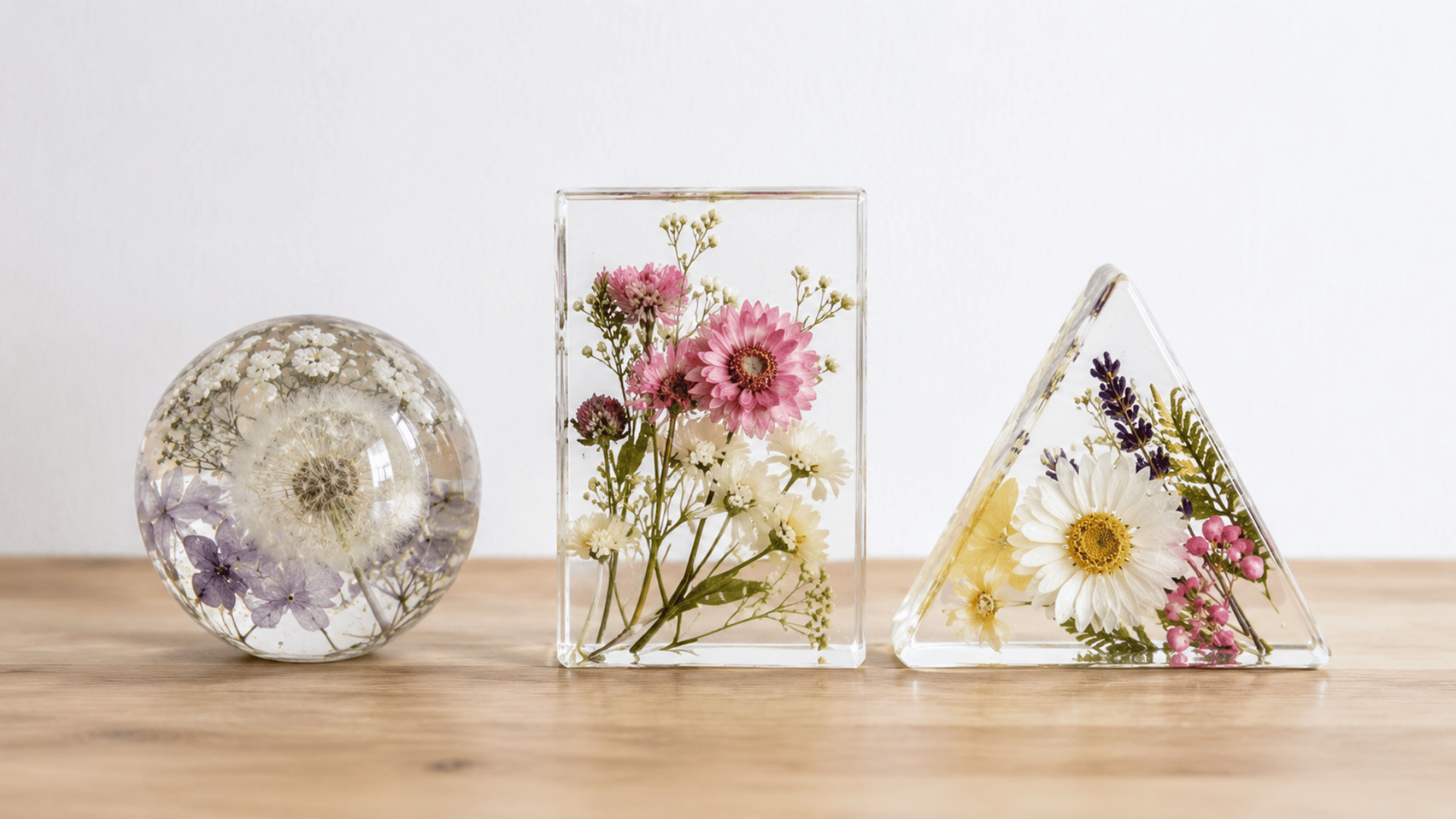 flowers kept in resin blocks displayed in an indoor setup