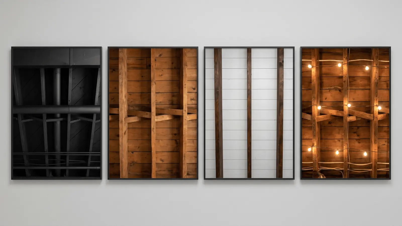 Four basement ceiling styles in a row showing black paint, wood joists, panels, and string lights