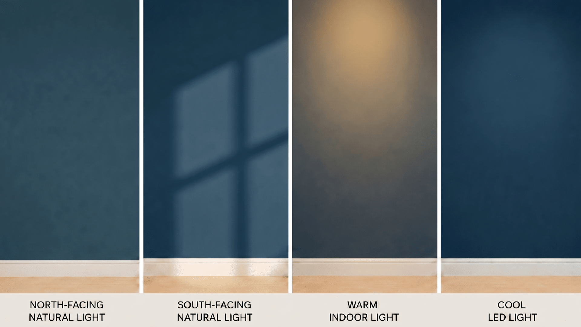 Four wall panels showing Moscow Midnight paint in north-facing light, south-facing light, warm indoor lighting, and cool LED lighting.