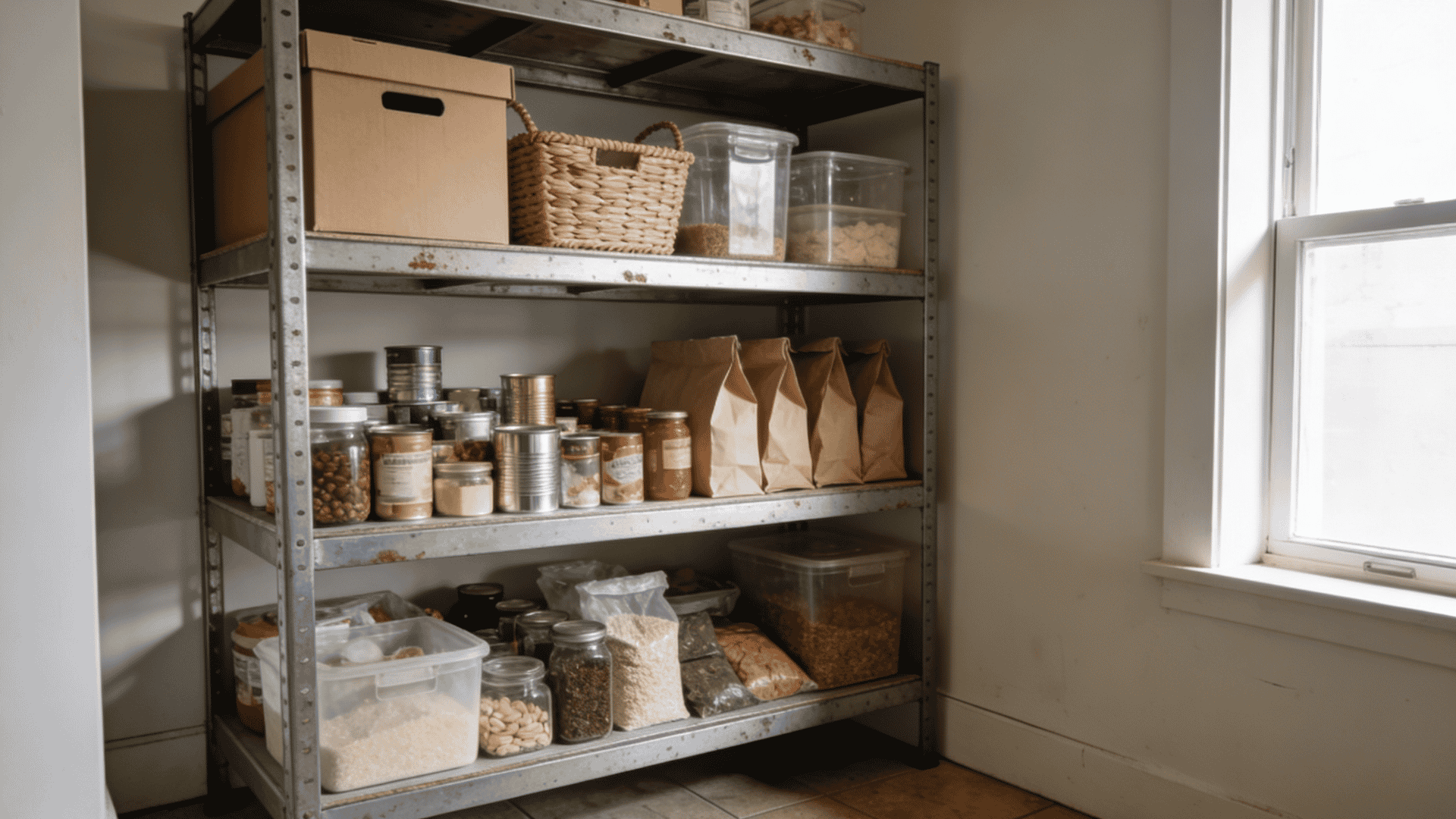 freestanding-metal-pantry-shelving-unit-with-baskets-containers-canned-goods-and-bulk-food-storage-in-a-small-kitchen-corner