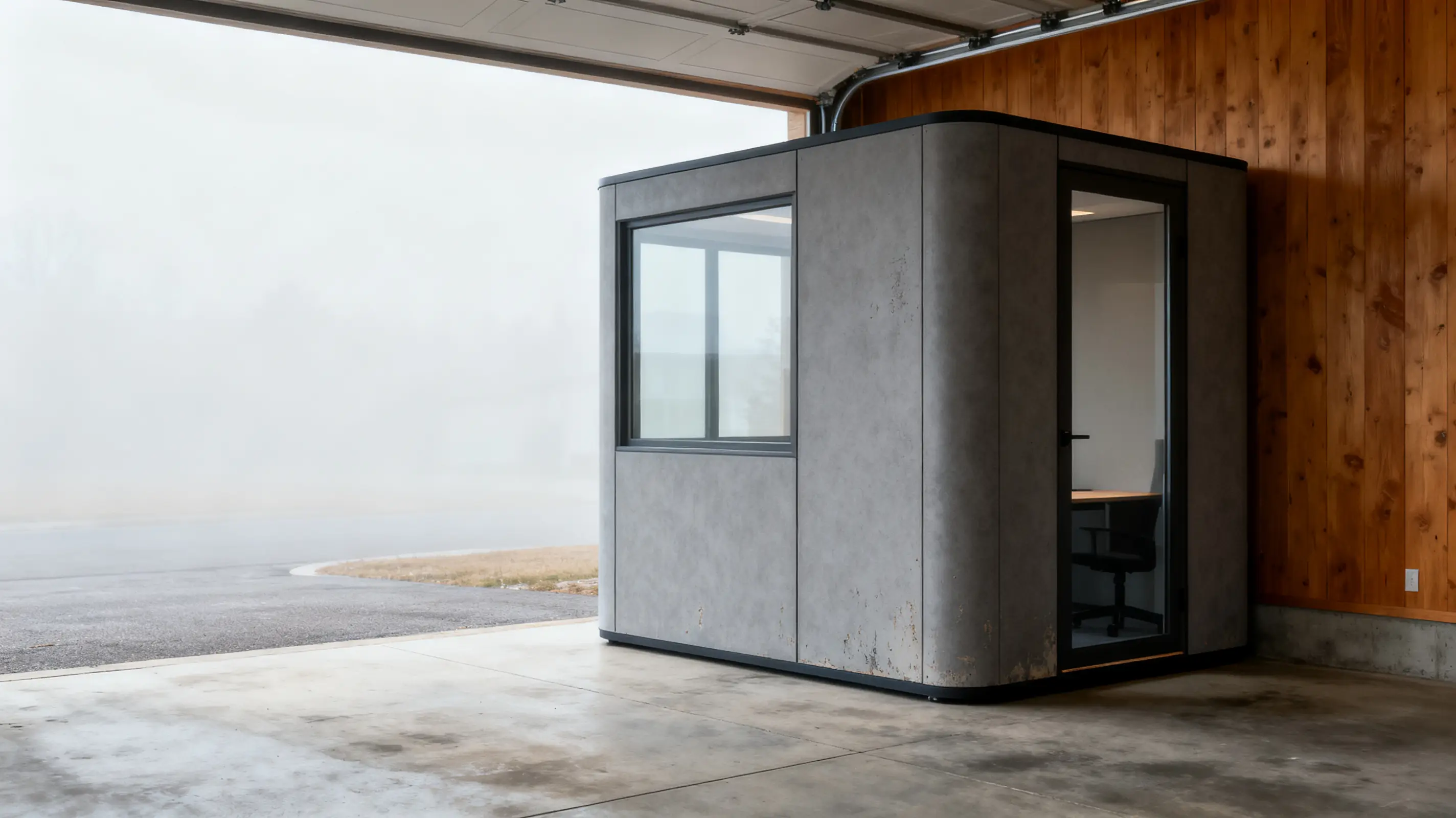 Small office pod with glass window in a modern garage with wooden walls