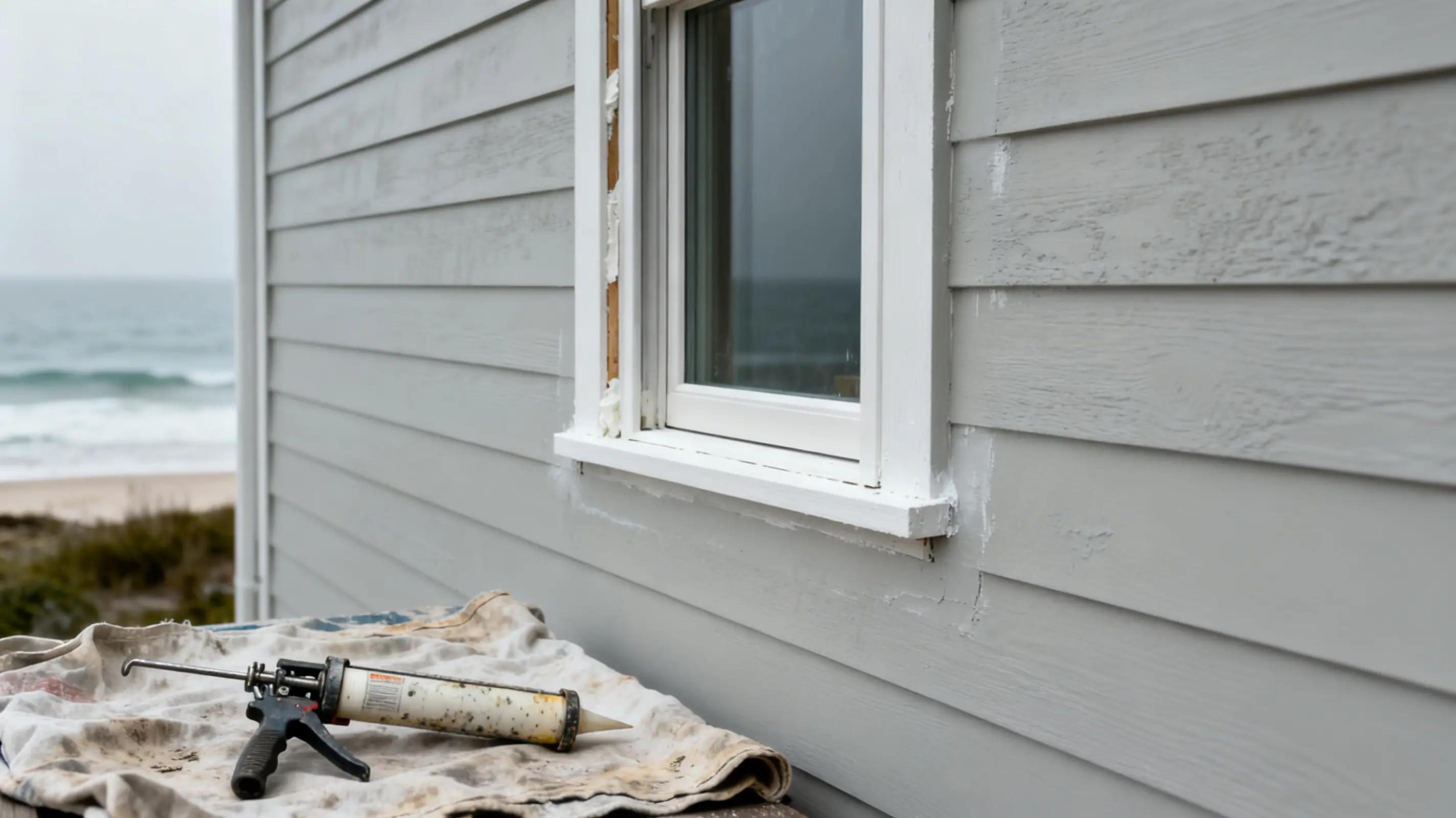 Gray wooden siding with window and caulking gun on drop cloth by the ocean