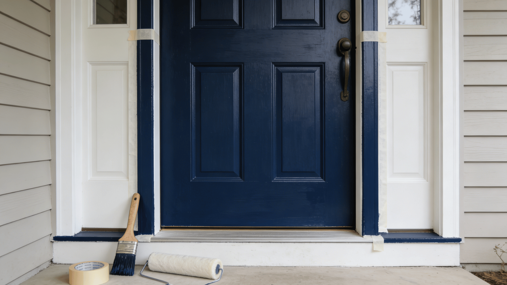 Freshly painted front door with painter’s tape and paint tools near the entrance