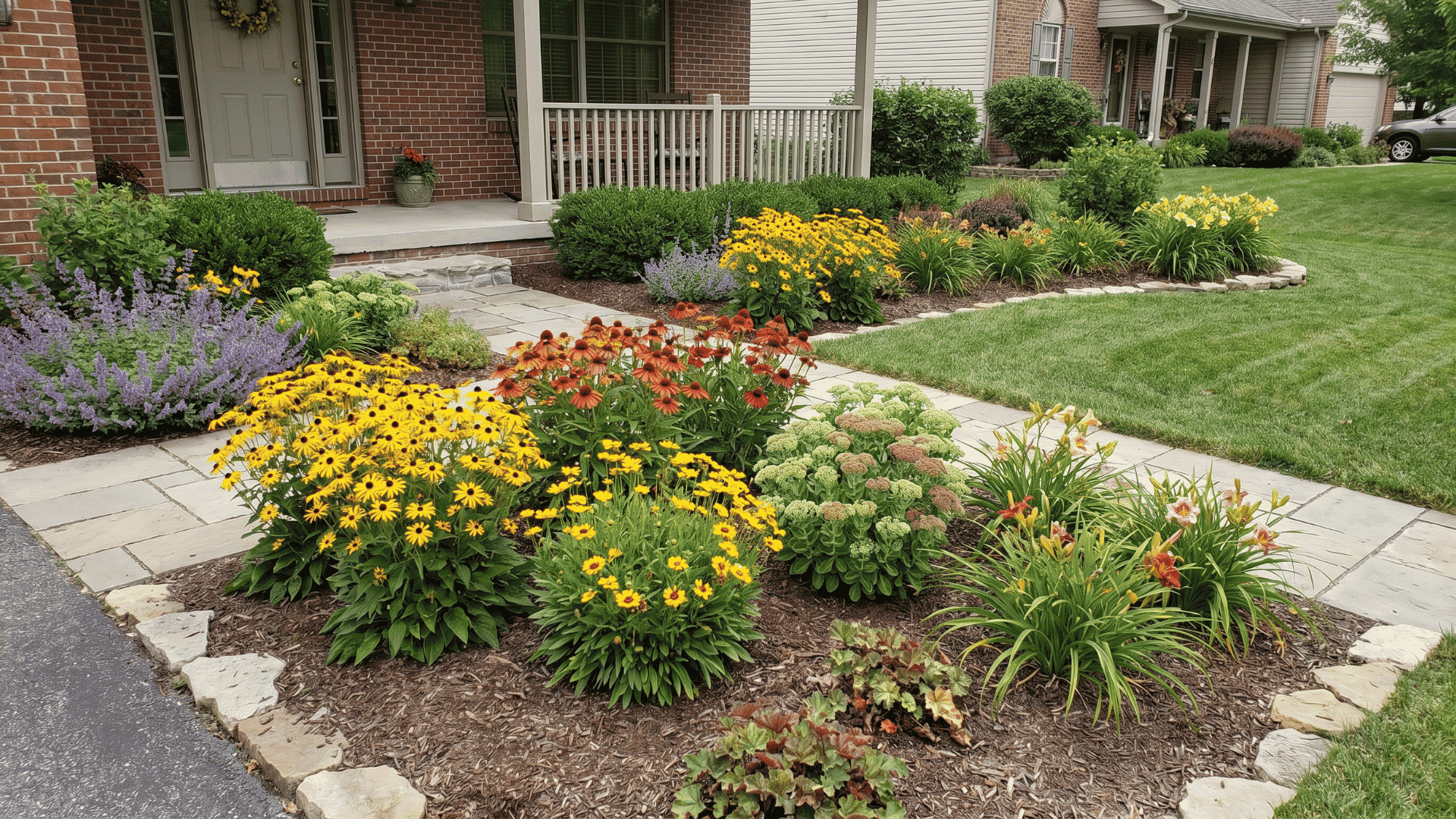 Front yard flower beds planted with low-maintenance perennials instead of seasonal annuals. (1)