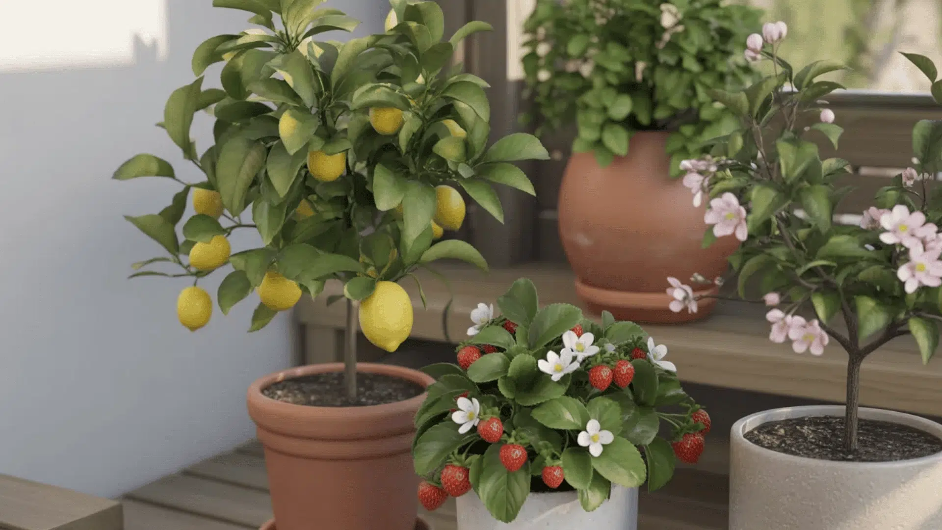 Fruit plants growing in pots placed on a balcony