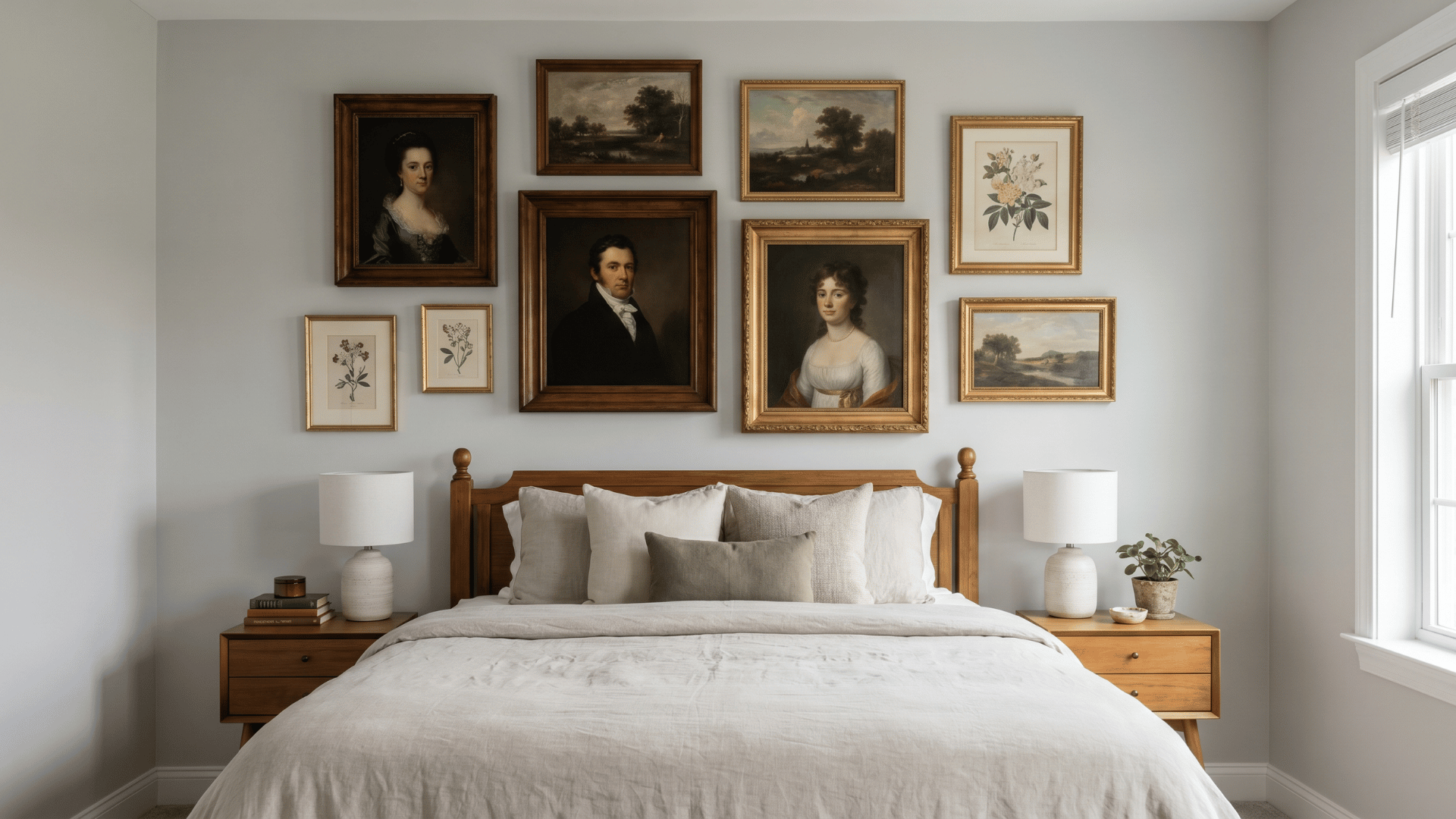 Gallery wall with classic framed art displayed above a bed in a bedroom