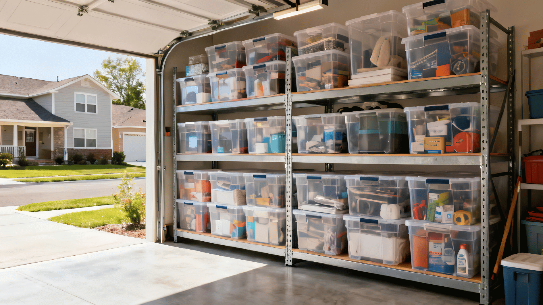 garage storage wall with metal shelving stacked clear bins neatly organizing household supplies and equipment