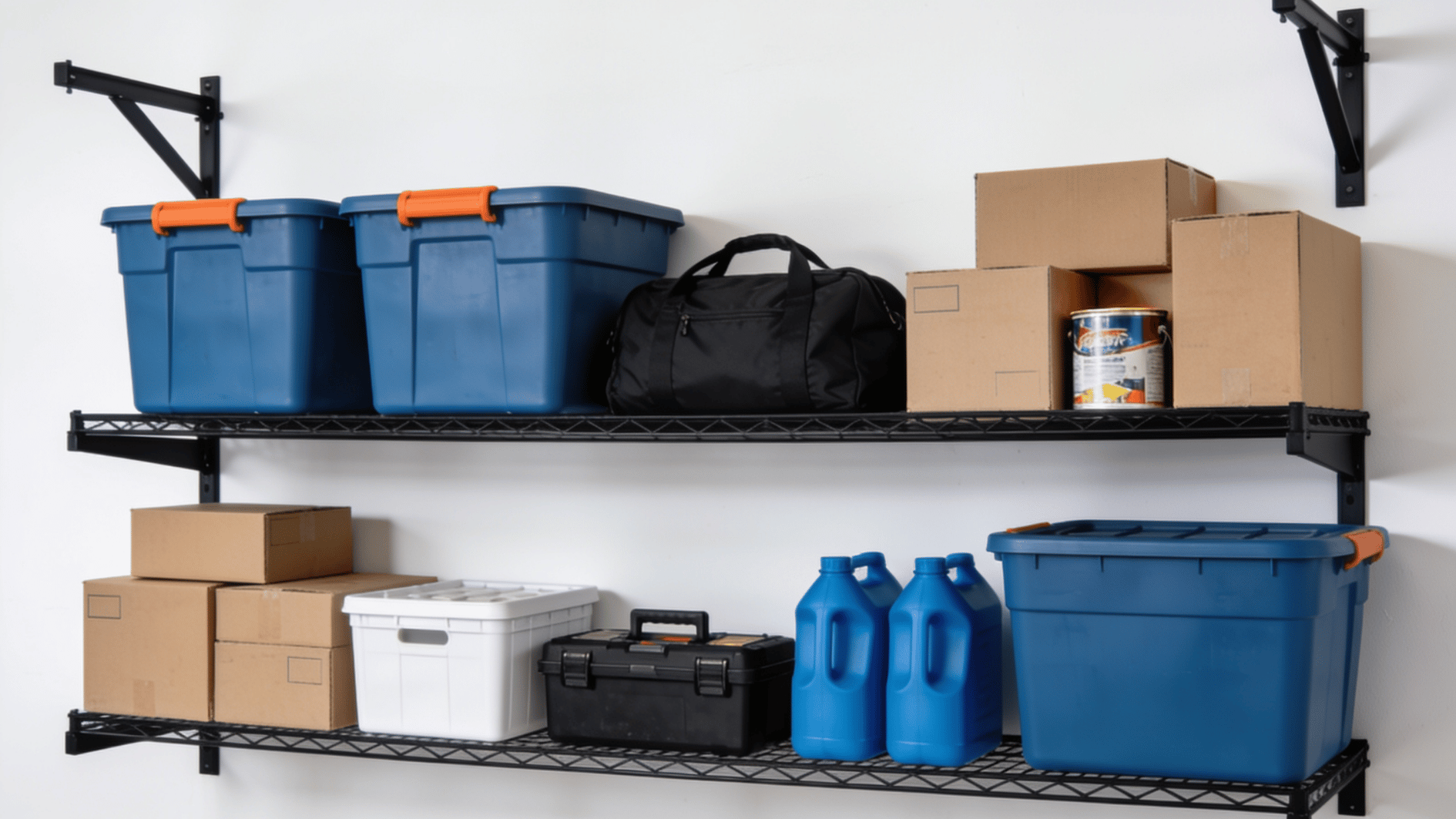 garage wall shelving with storage bins boxes toolbox containers supplies and household items neatly arranged