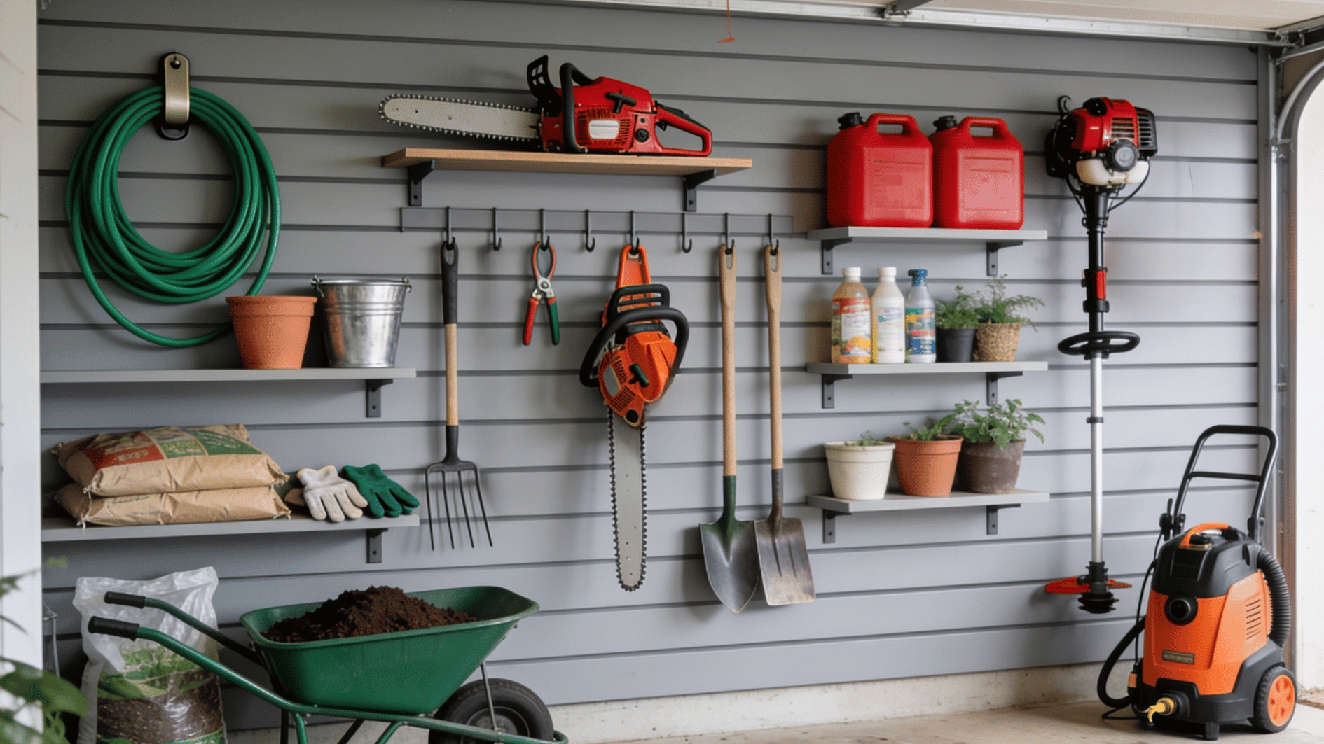 garage wall storage with garden tools shelves hose chainsaw fuel cans and yard maintenance equipment neatly arranged