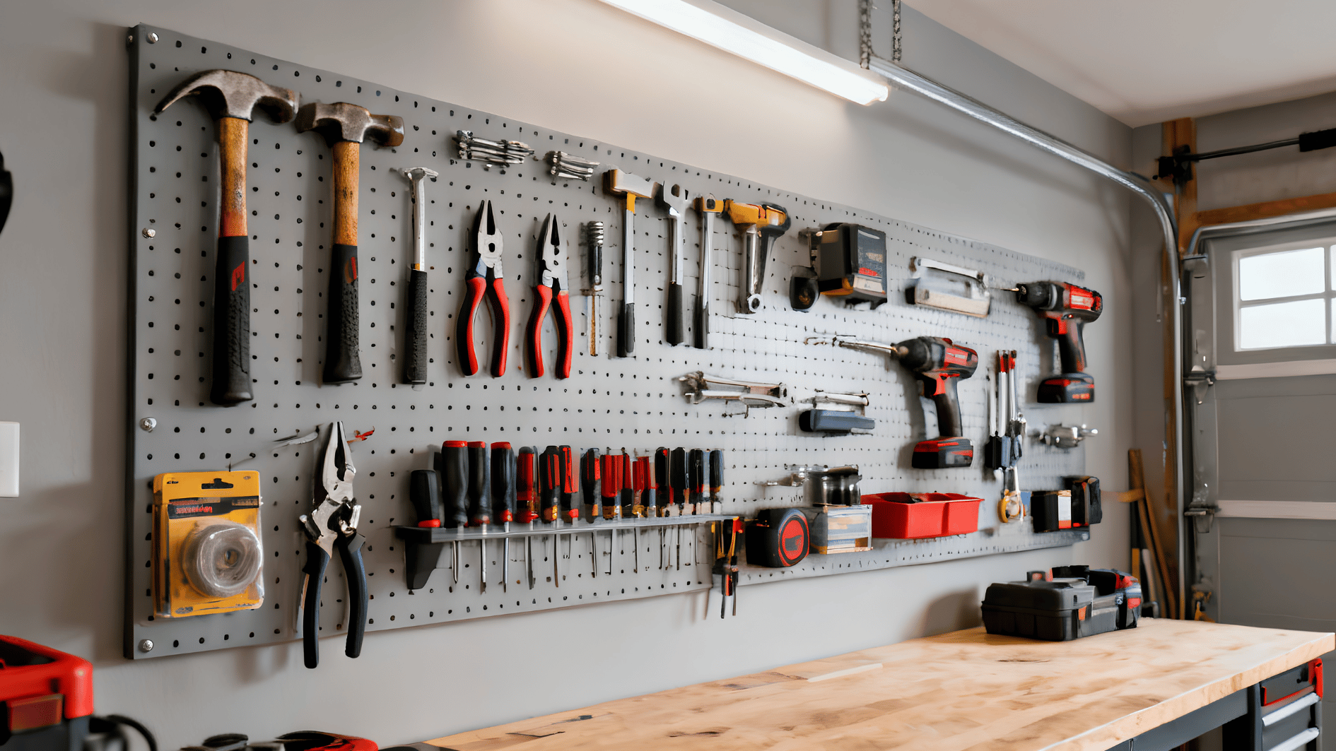 garage workshop with organized pegboard holding hammers pliers drills and screwdrivers above a clean workbench