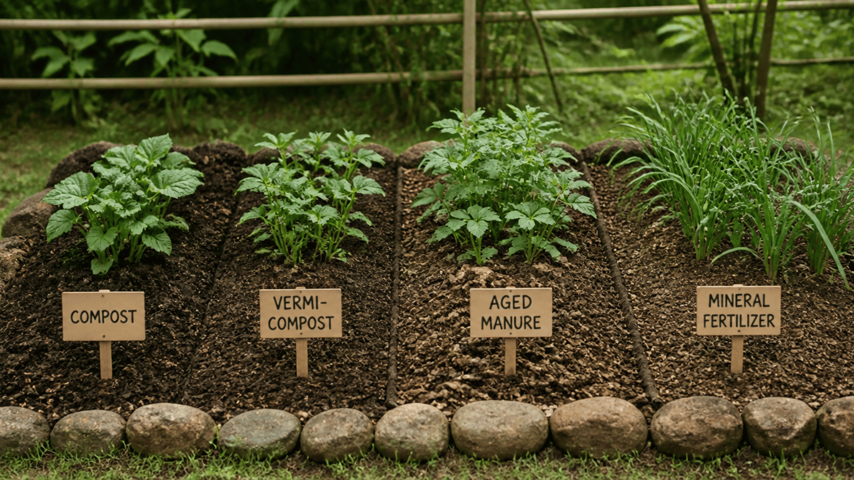 Garden beds with labeled compost, vermicompost, manure, and mineral fertilizer
