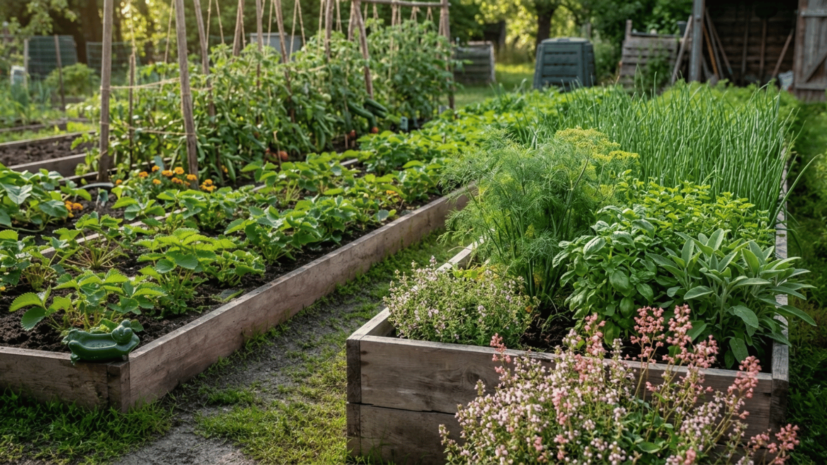 Garden beds with vegetables and flowers