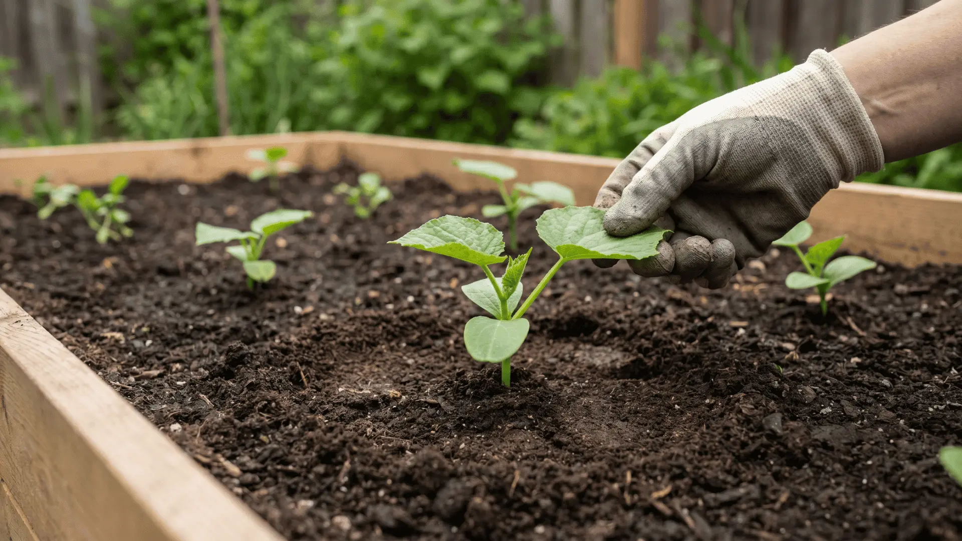Gardener inspecting young cucumber seedlings in a raised garden bed with healthy green leaves and proper spacing.
