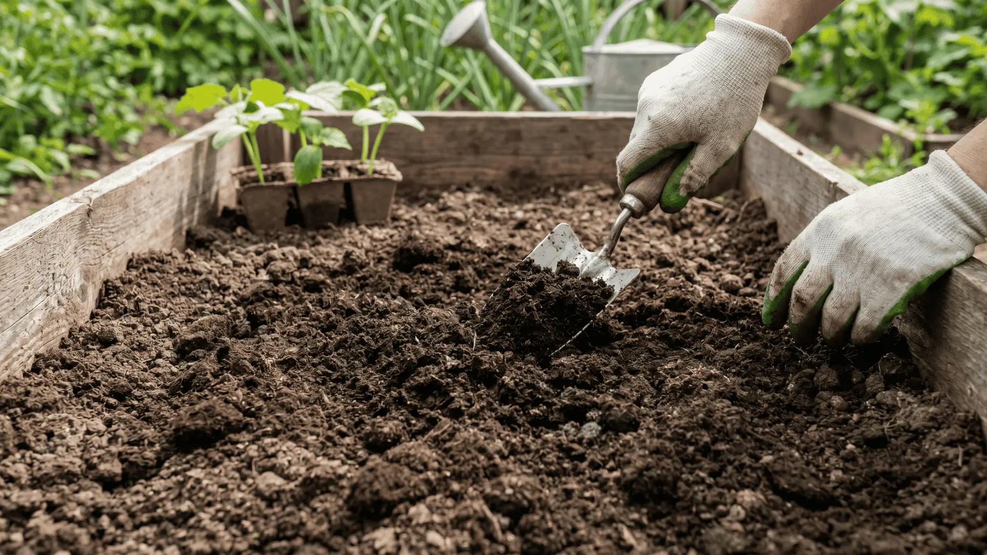 Gardener mixing compost into a raised garden bed with loose soil and cucumber seedlings nearby