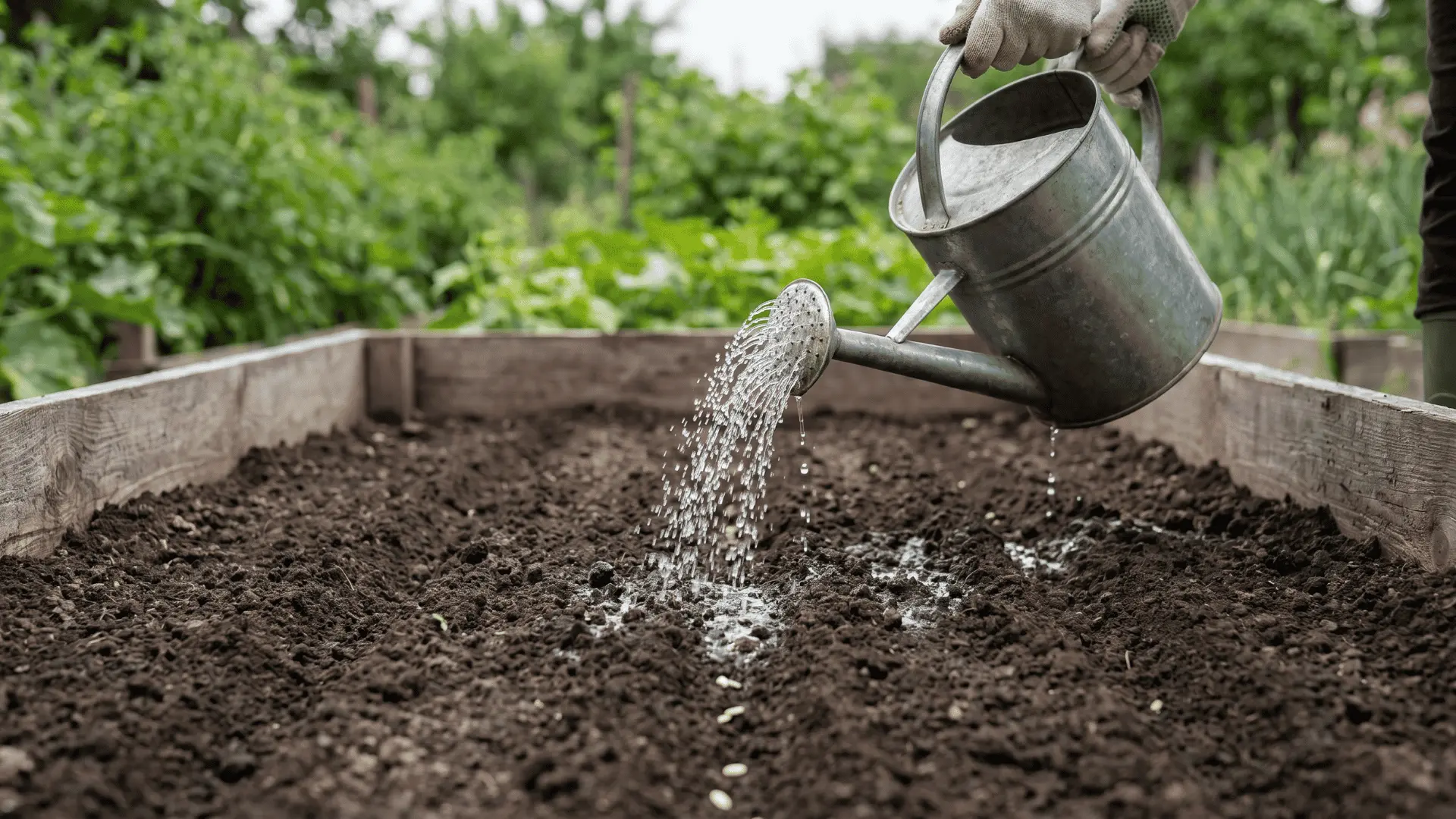 Gardener watering freshly planted cucumber seeds in a raised garden bed with evenly moist soil.