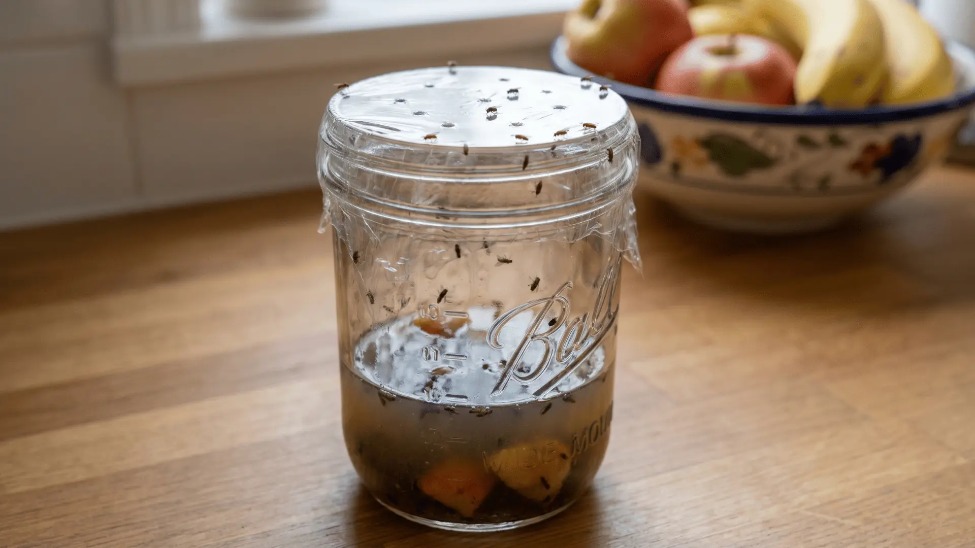 Glass jar fruit fly trap on a counter with plastic wrap and holes, bait inside, flies on and around the jar. (1)