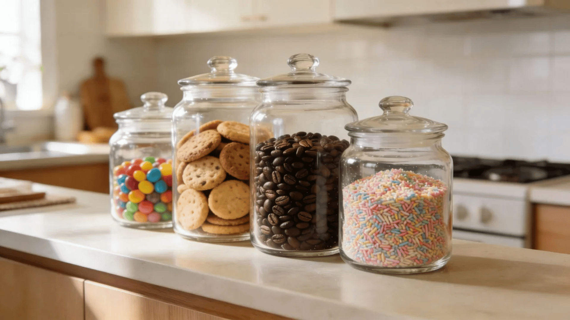Glass storage jars filled with candy, cookies, coffee beans, and colorful sprinkles on a kitchen counter.