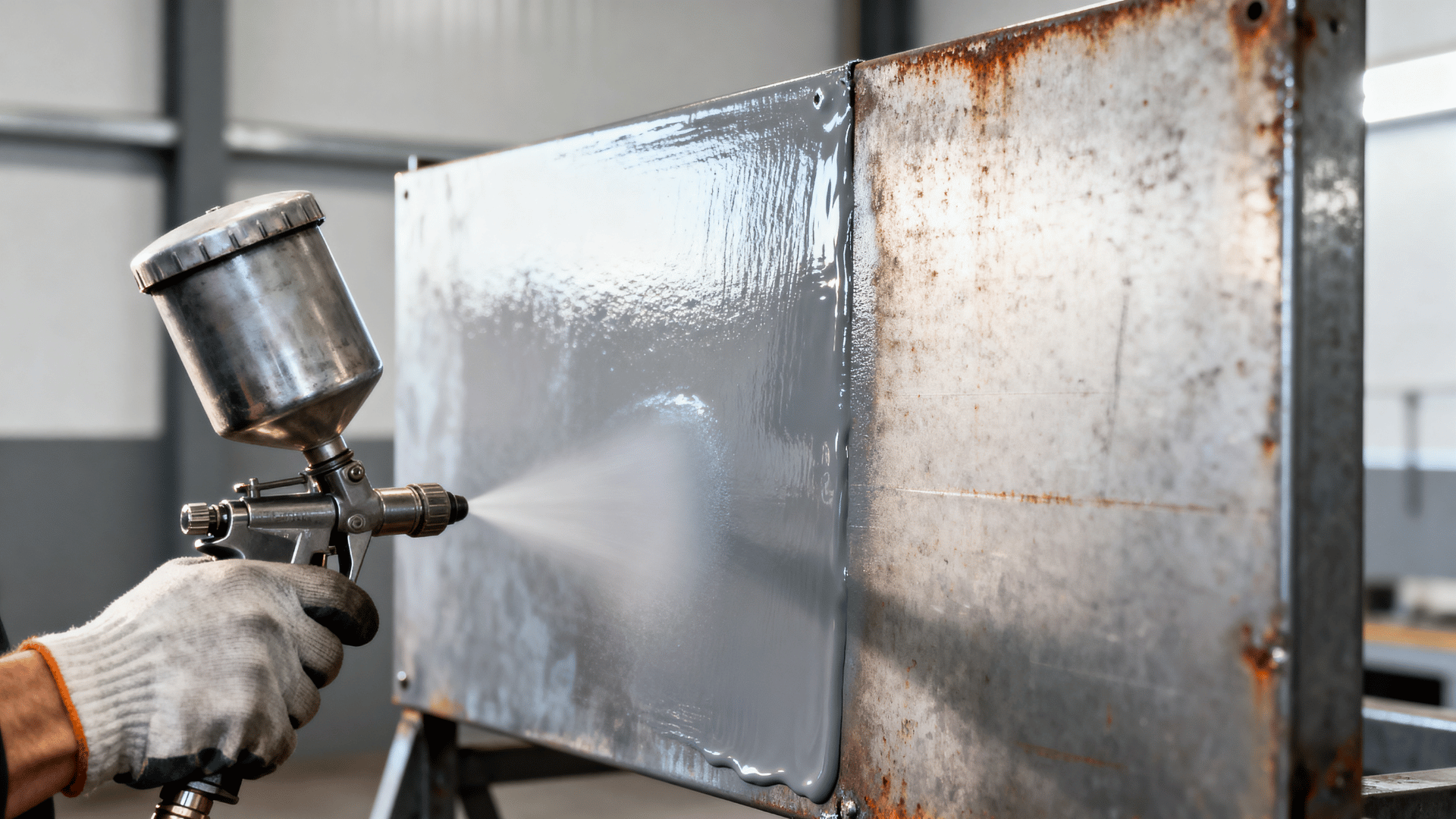gloved hand spraying gray dtm coating on a rusty metal panel to create a smooth protective finish