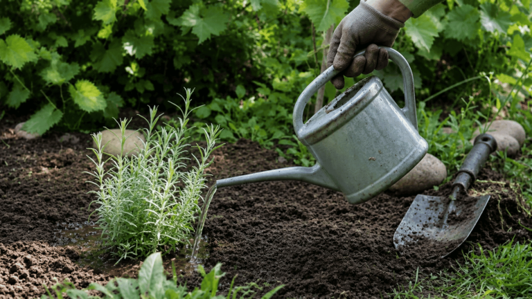 Gloved hand watering a small plant with a blue watering can (1)