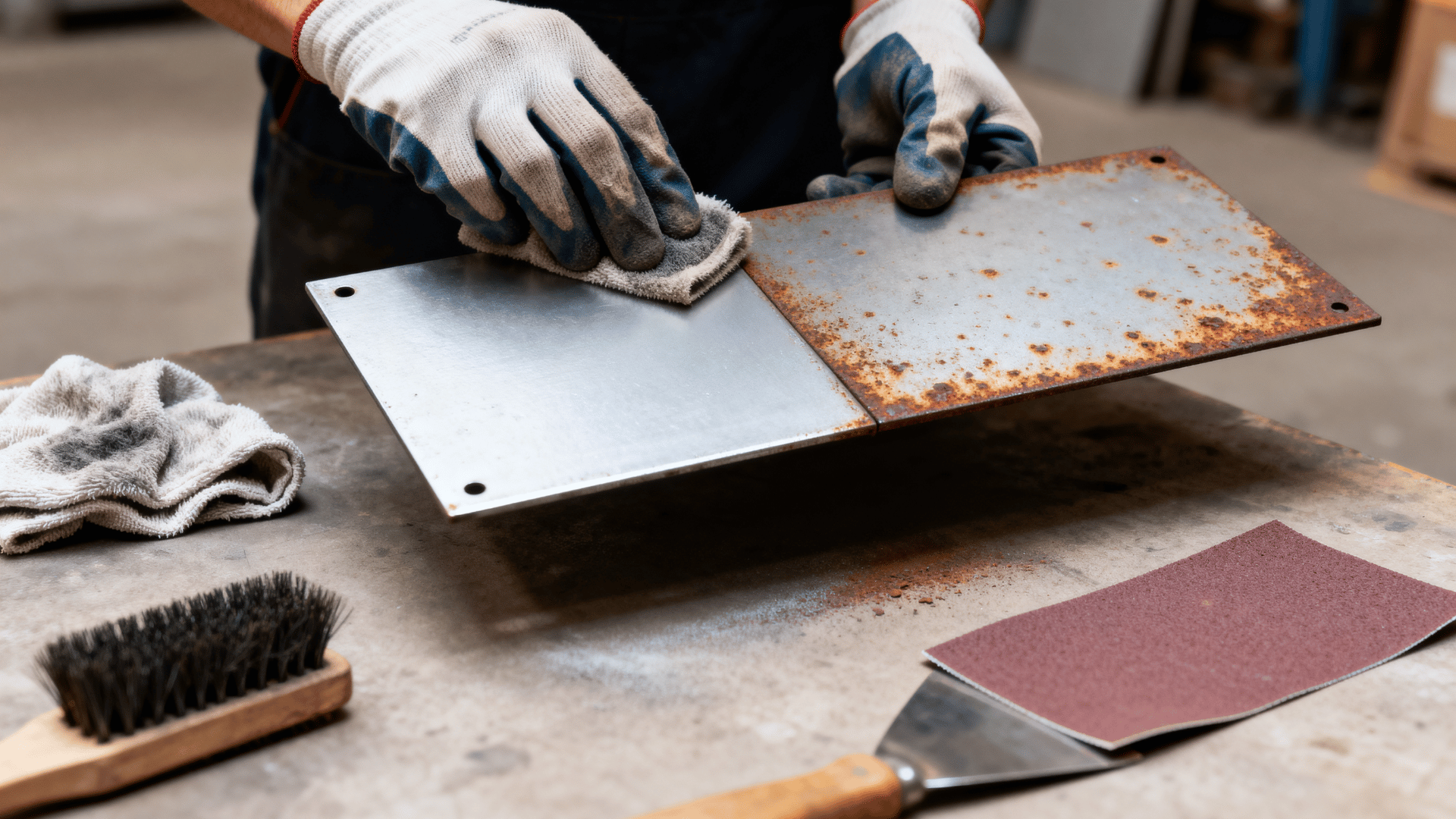 gloved hands cleaning a rusty metal panel with cloth, wire brush, scraper, and sandpaper nearby.