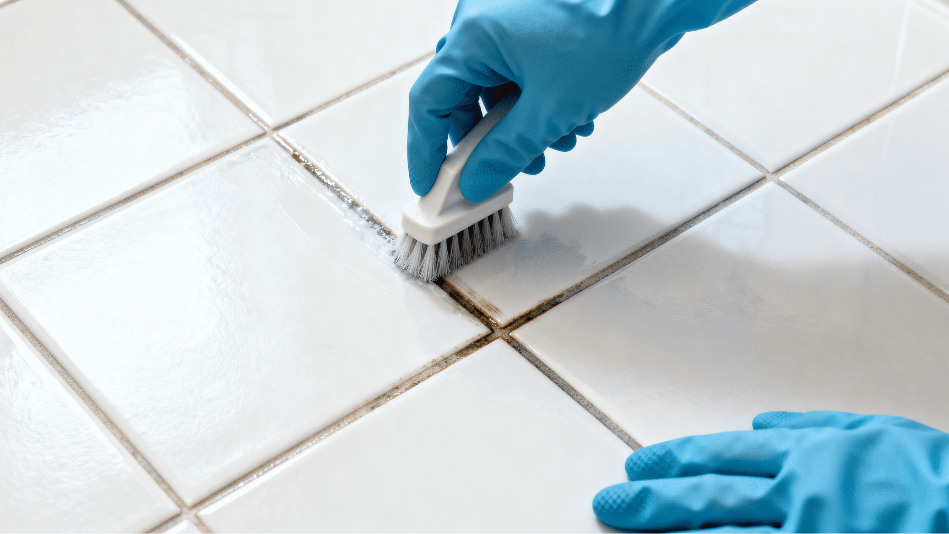 gloved hands cleaning bathroom tile grout with a scrub brush to remove dirt and buildup from floor joints.