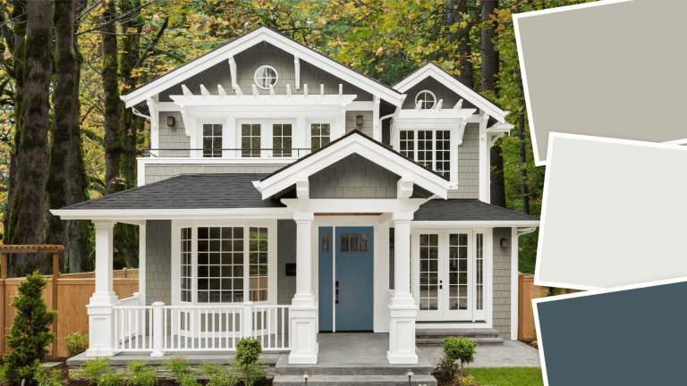 gray craftsman home exterior with white trim, blue door, and neutral gray, white, and dark teal paint palette swatches