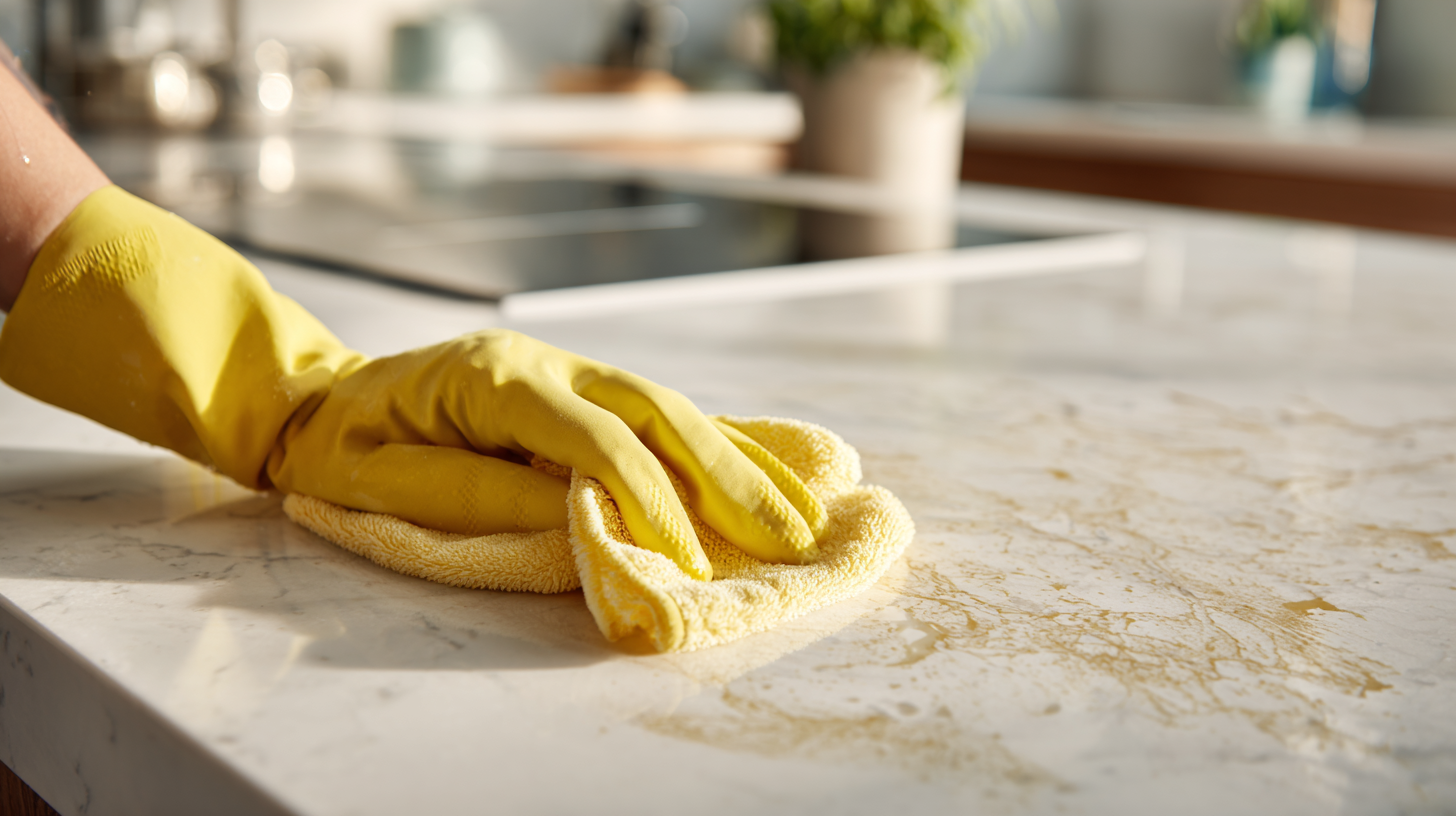 grease stains on quartz countertop being cleaned with a microfiber cloth