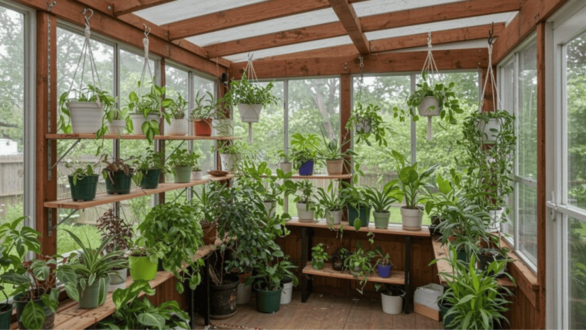 greenhouse-style sunroom with wooden shelves, hanging planters, and a variety of indoor plants in a bright natural setting