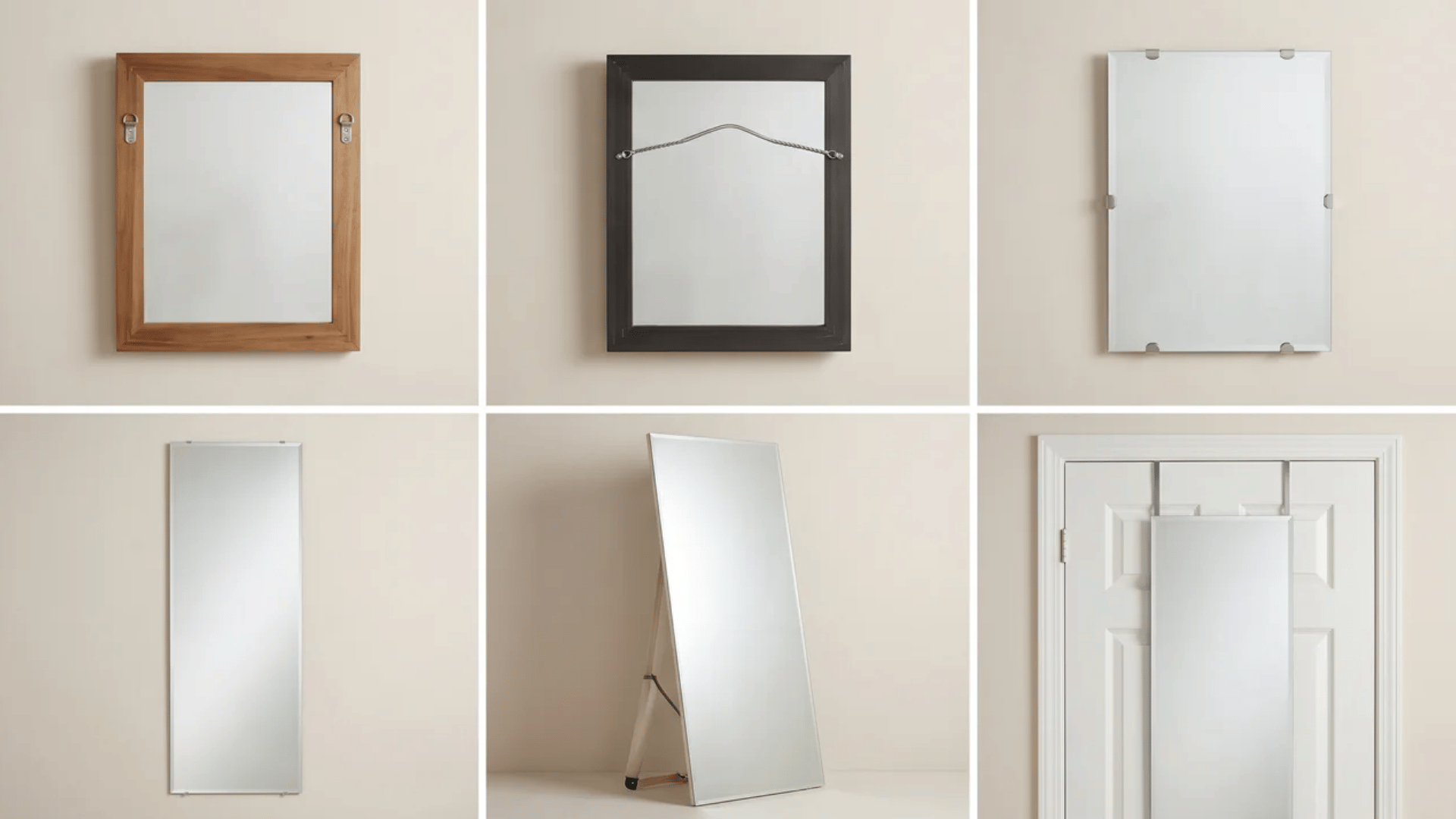 Grid showing different mirror mounting styles including D-ring, wire-backed, frameless, wall-hung, leaner, and over-door mirrors.