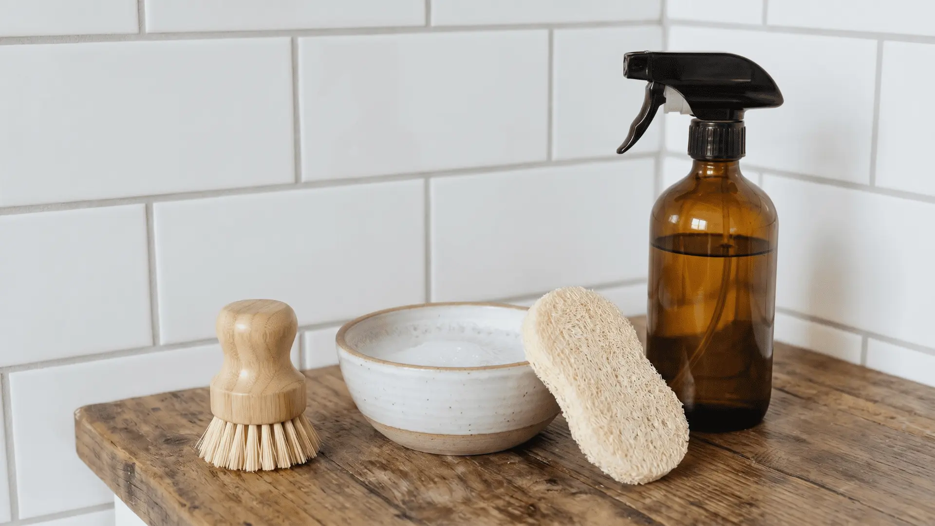 Grout cleaning tools and materials arranged before starting