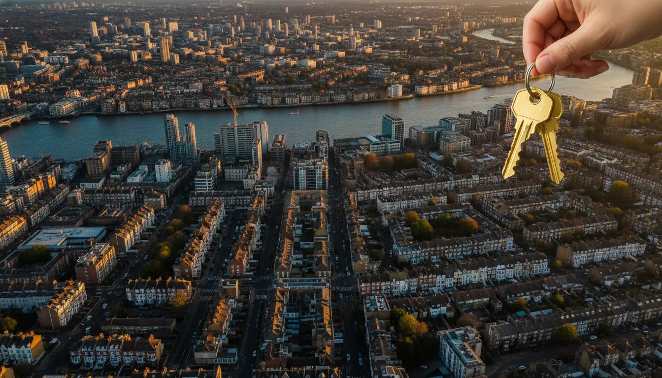 Hand holding house keys over cityscape with river and skyscrapers at sunset