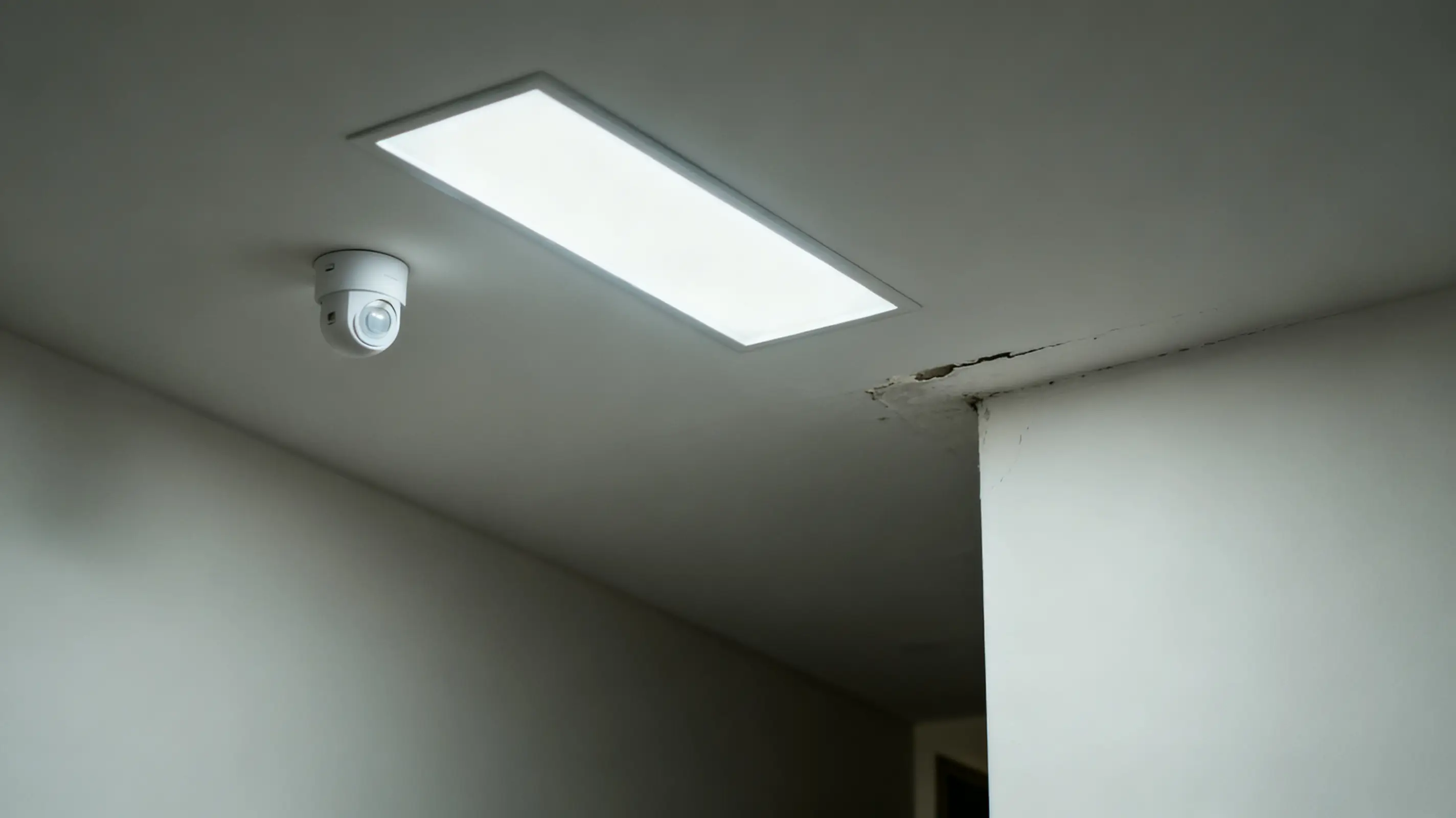 Ceiling security camera and LED light fixture in an indoor room with cracked wall corner
