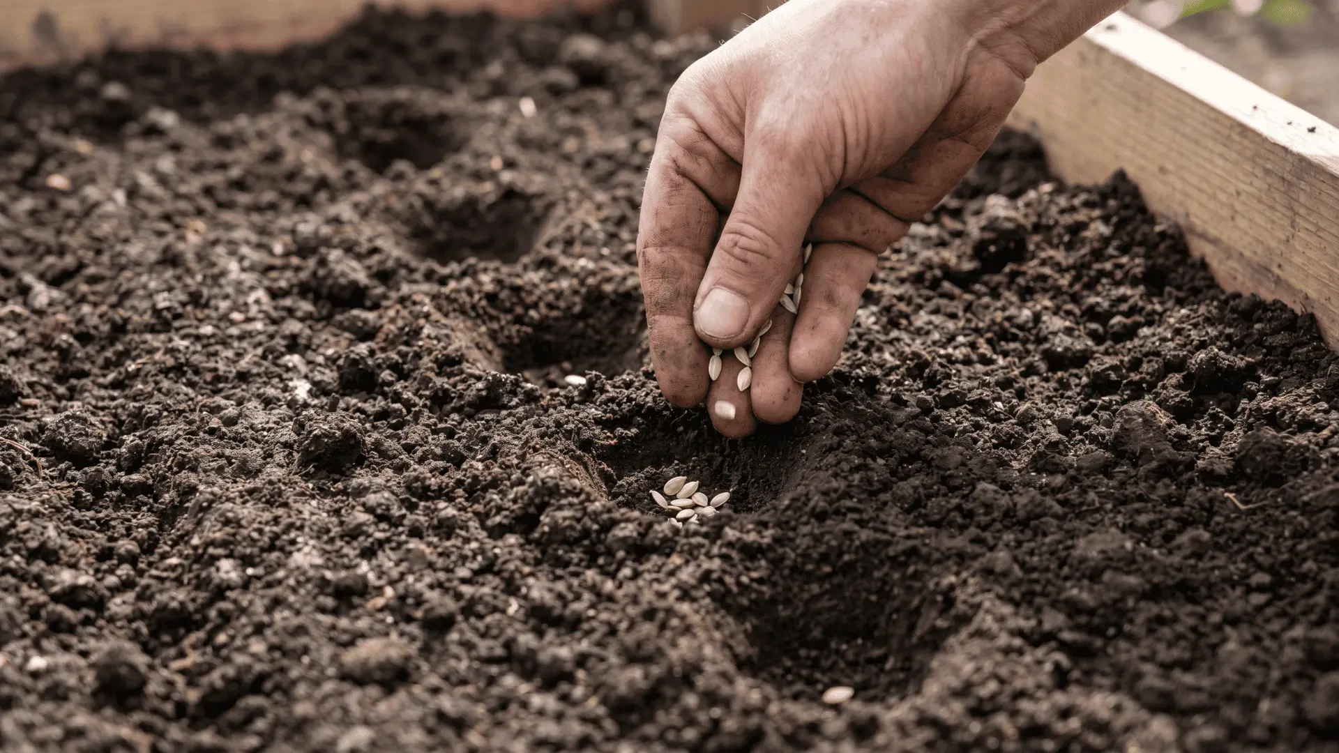 Hand planting cucumber seeds in shallow holes within a raised garden bed filled with loose, prepared soil.