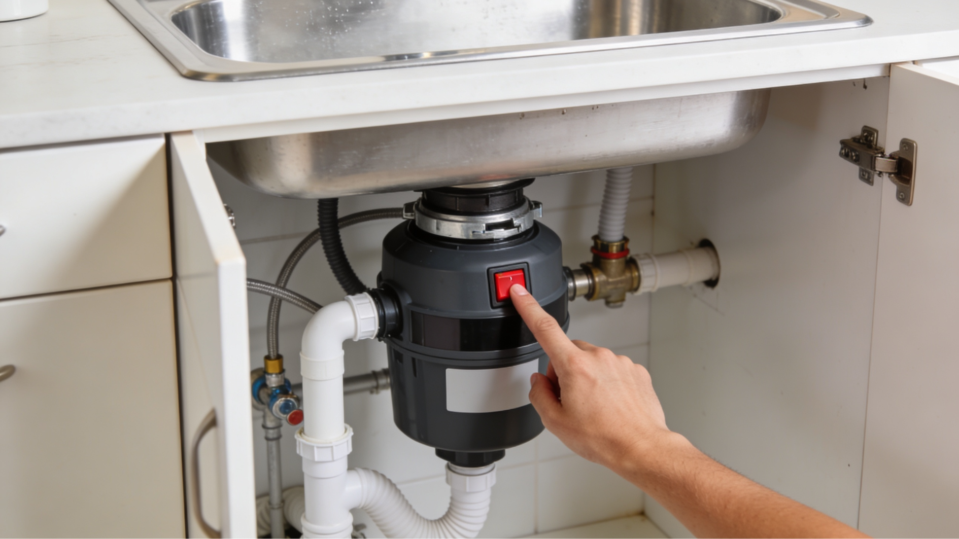 hand presses the reset button on a garbage disposal beneath a kitchen sink cabinet