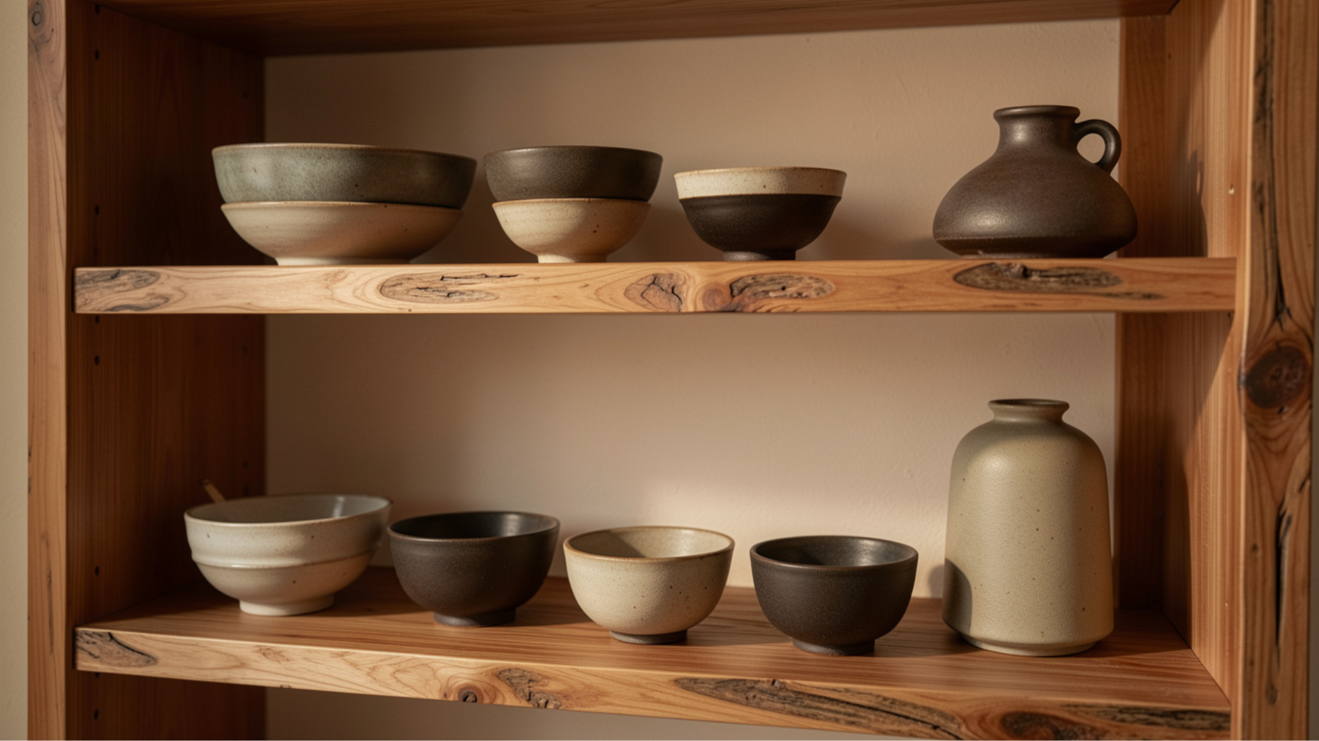 handmade japanese ceramics displayed on wooden shelves