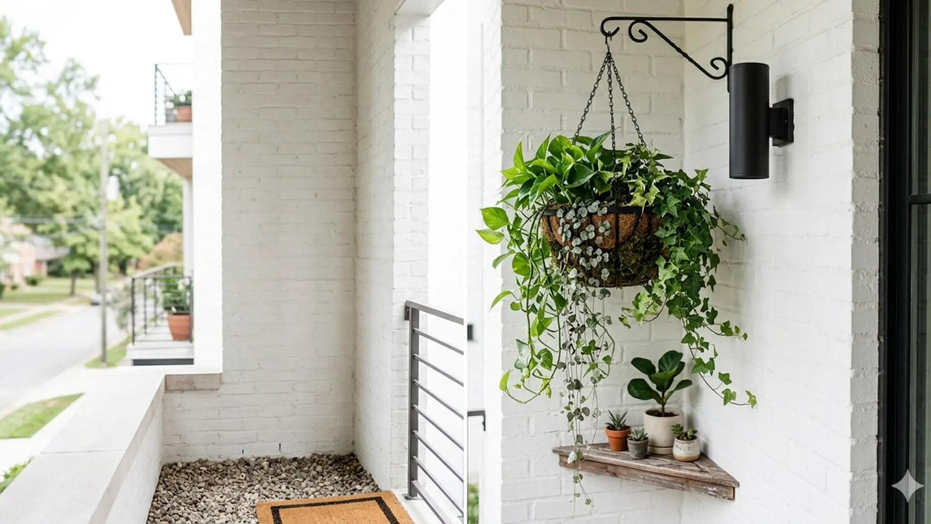 Hanging basket plants in a balcony saving floor space