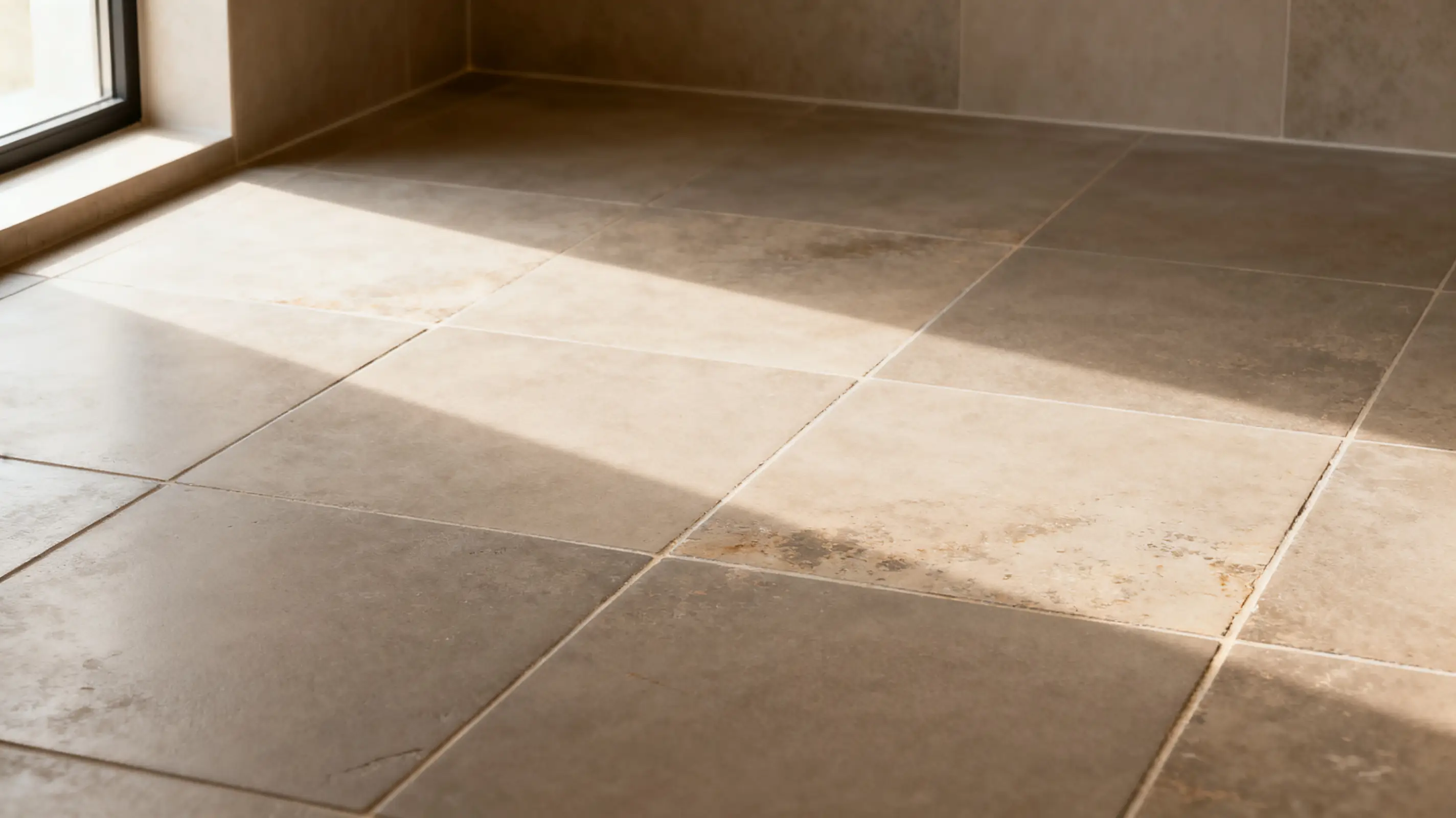 Beige ceramic floor tiles in sunlight in modern interior space