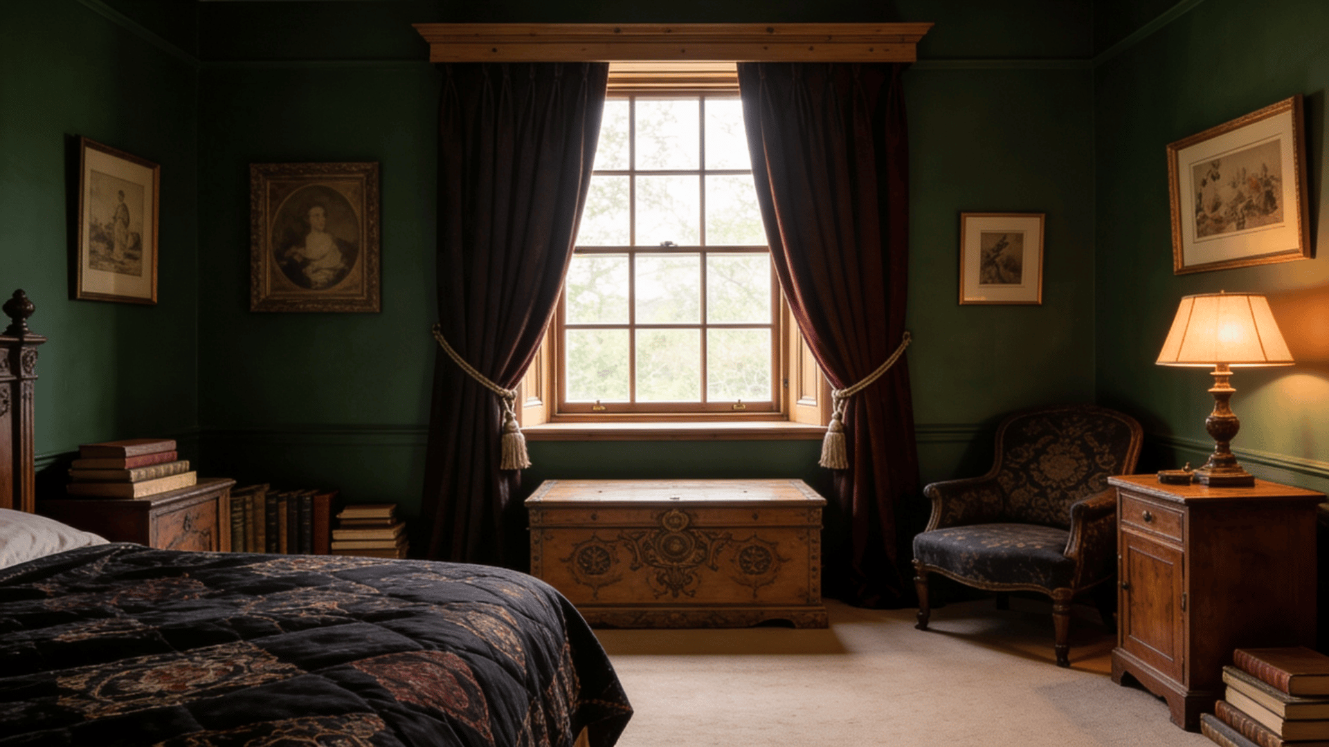 Heavy curtains framing a bedroom window with visible trim and simple details