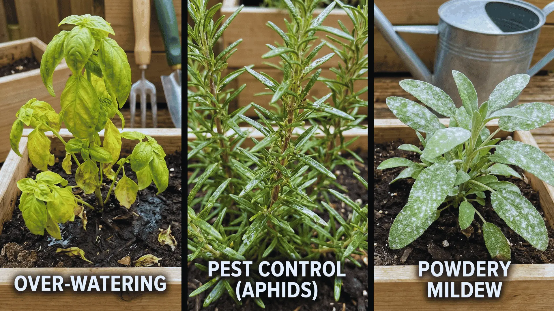 Herb garden with yellow leaves, sticky residue, and white powder on plants, indicating common issues like overwatering and pests.
