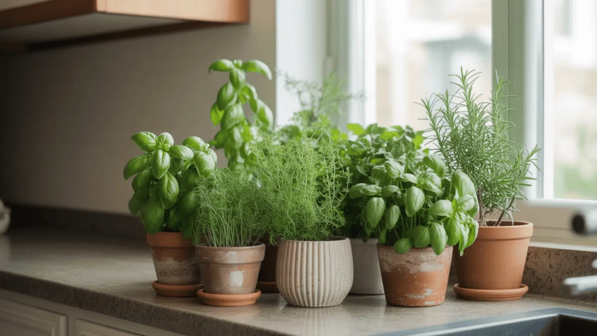 Herbs growing in small pots placed on a kitchen counter
