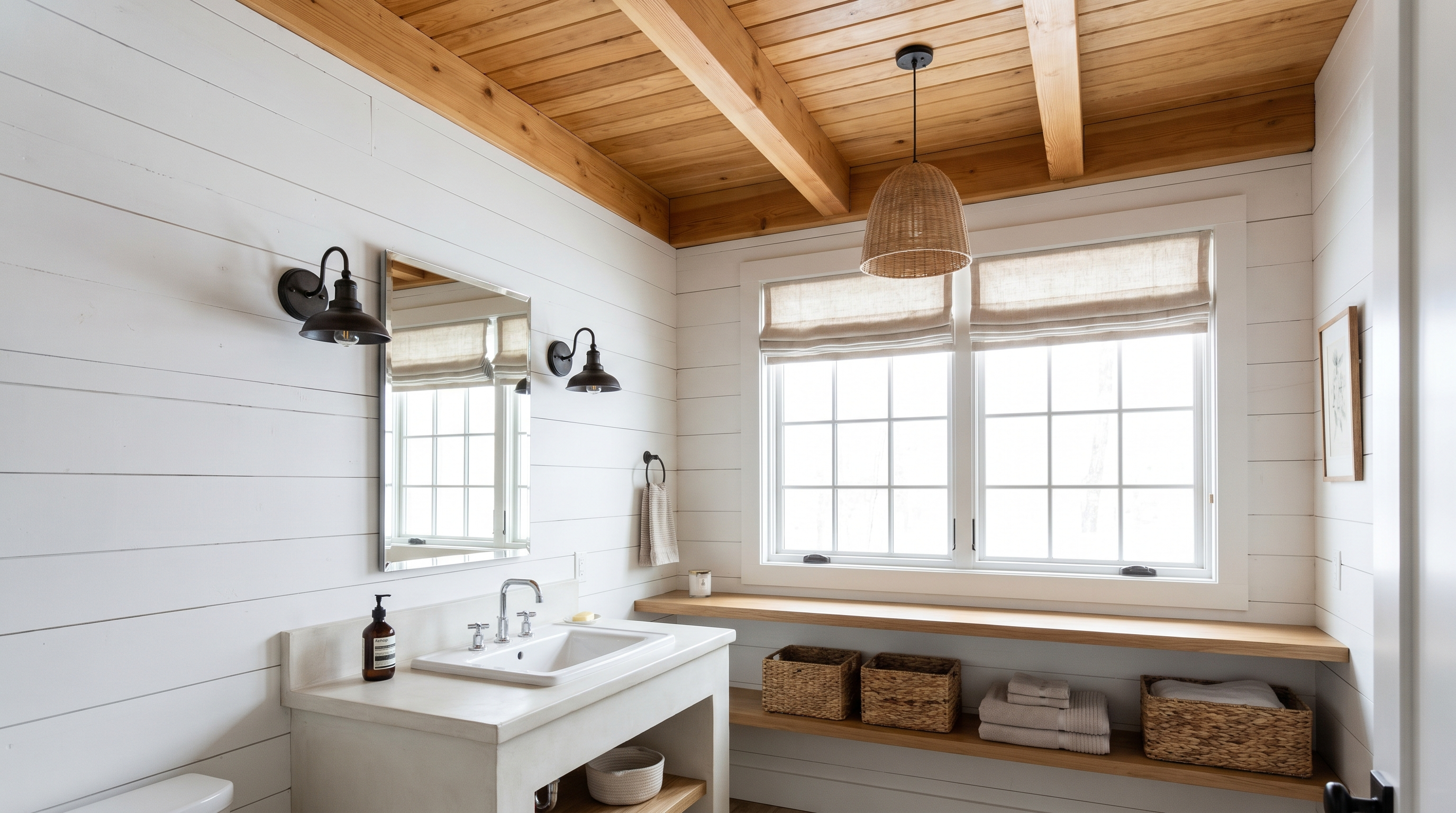 Shiplap walls and wood-plank ceiling in a bright, cozy modern farmhouse bathroom.
