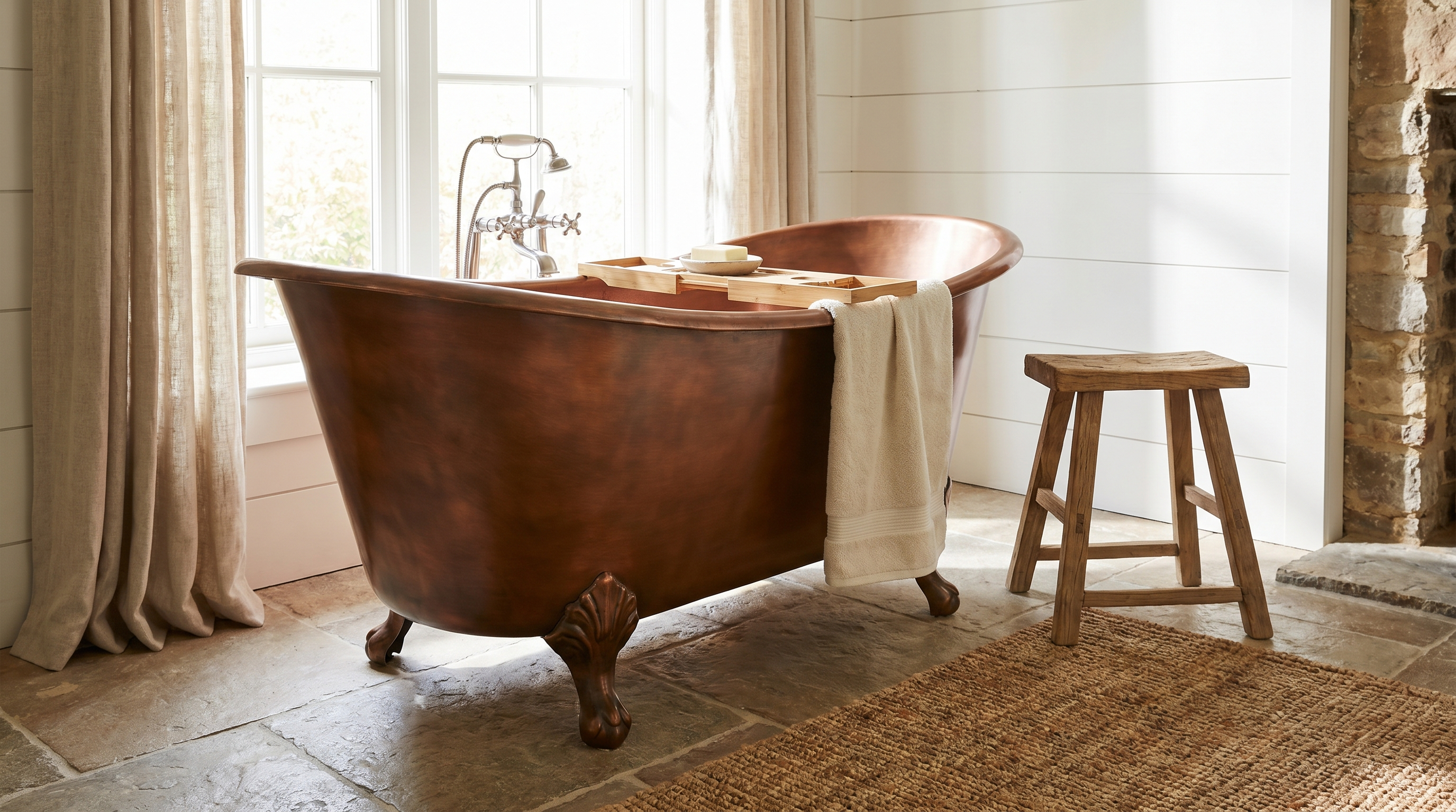 Freestanding clawfoot and copper tubs in a bright, elegant modern farmhouse bathroom.