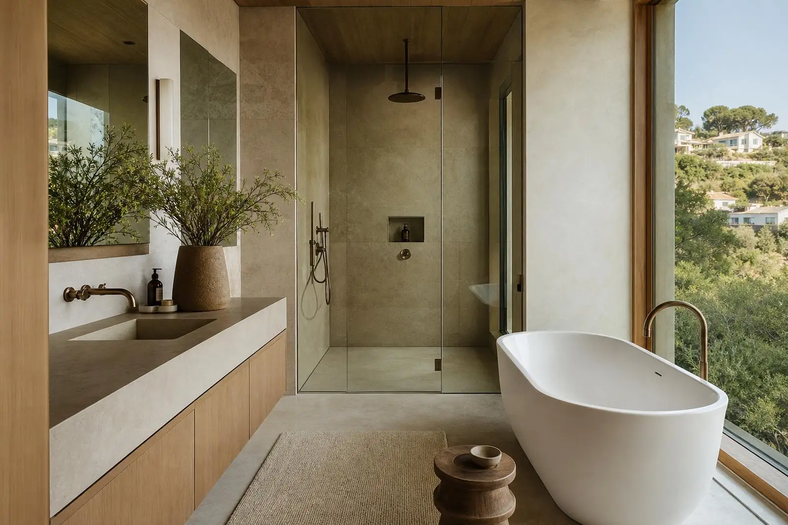 Modern bathroom with freestanding tub, glass shower, beige vanity, and large window overlooking greenery