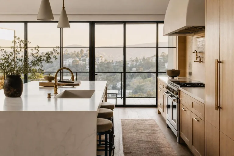 Modern kitchen with marble island, brass fixtures, large windows, and wooden cabinetry