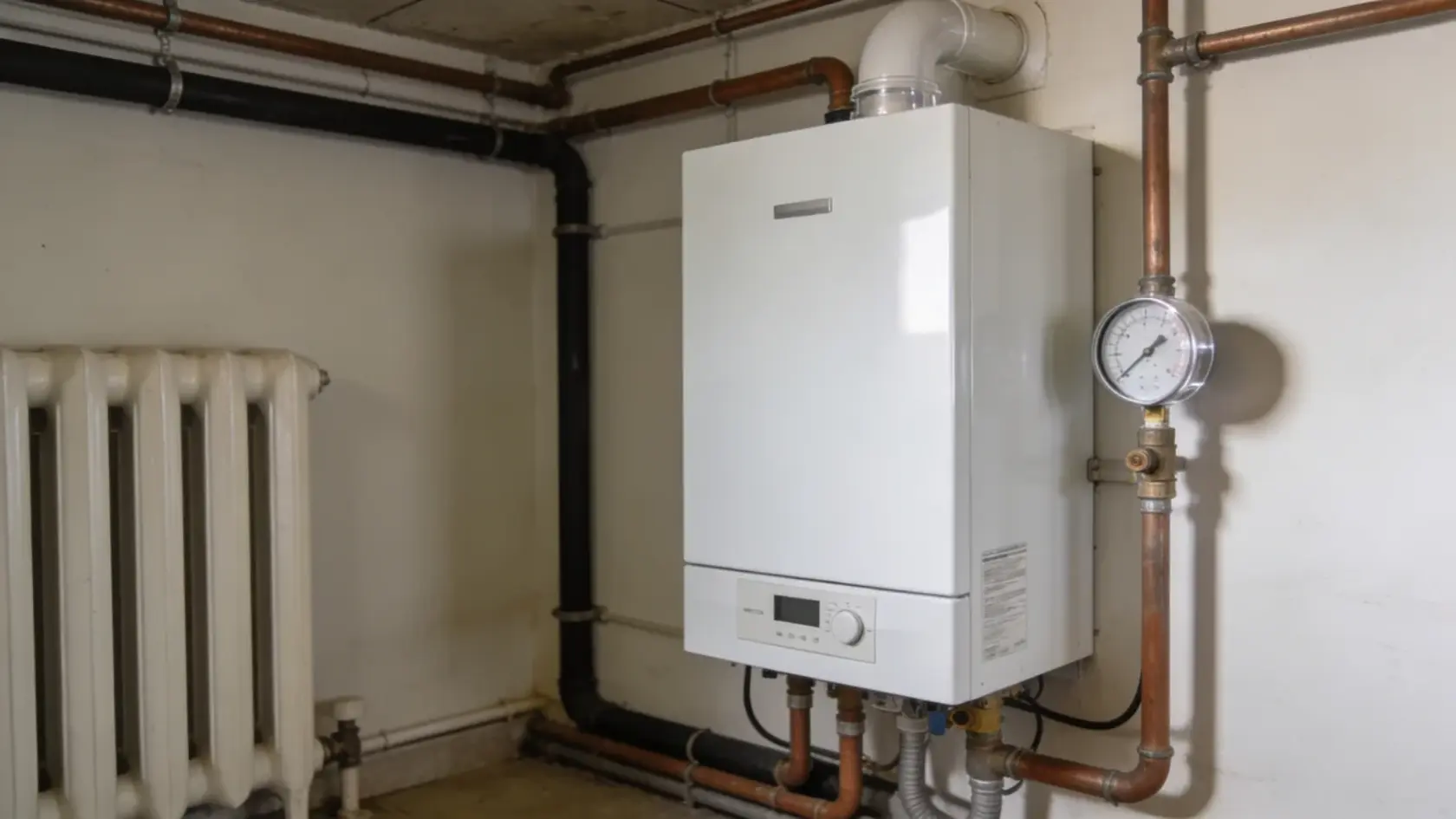 Home boiler system with pressure gauge, pipes, and connected heating components in a clean space