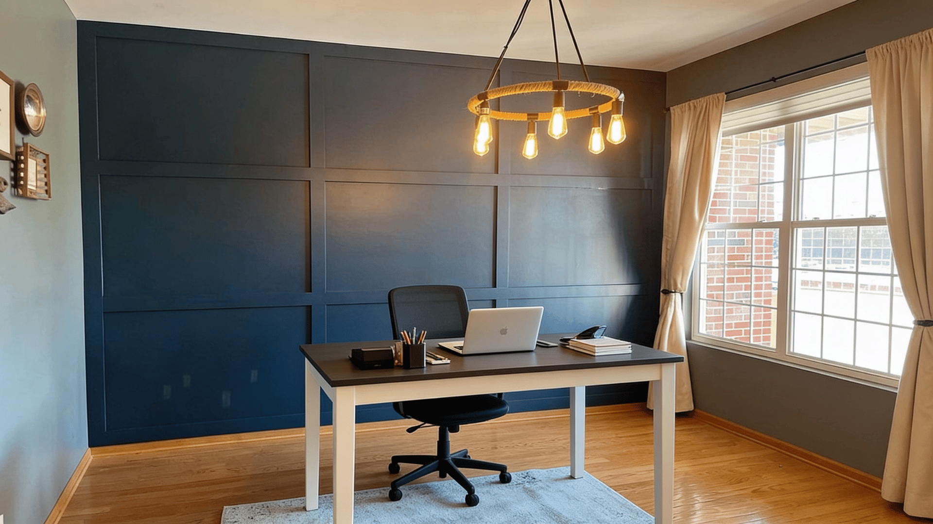 Home office with a dark navy accent wall, warm wood flooring, neutral curtains, and soft pendant lighting above a desk.