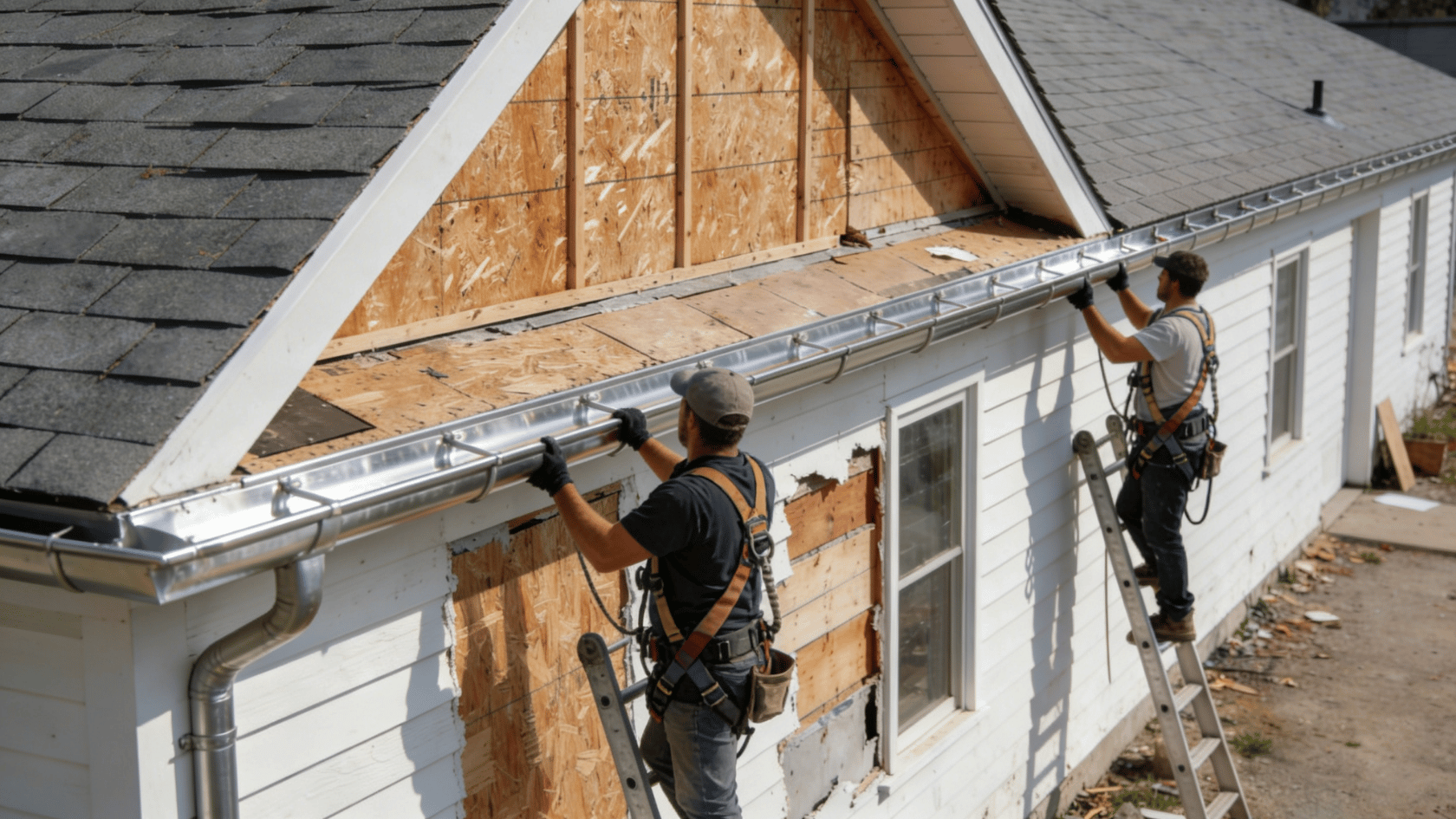 House exterior with roof replacement, removed siding, exposed insulation, and new gutters being installed