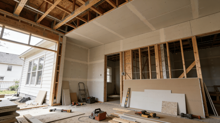 House interior under construction with exposed beams, drywall, and tools.