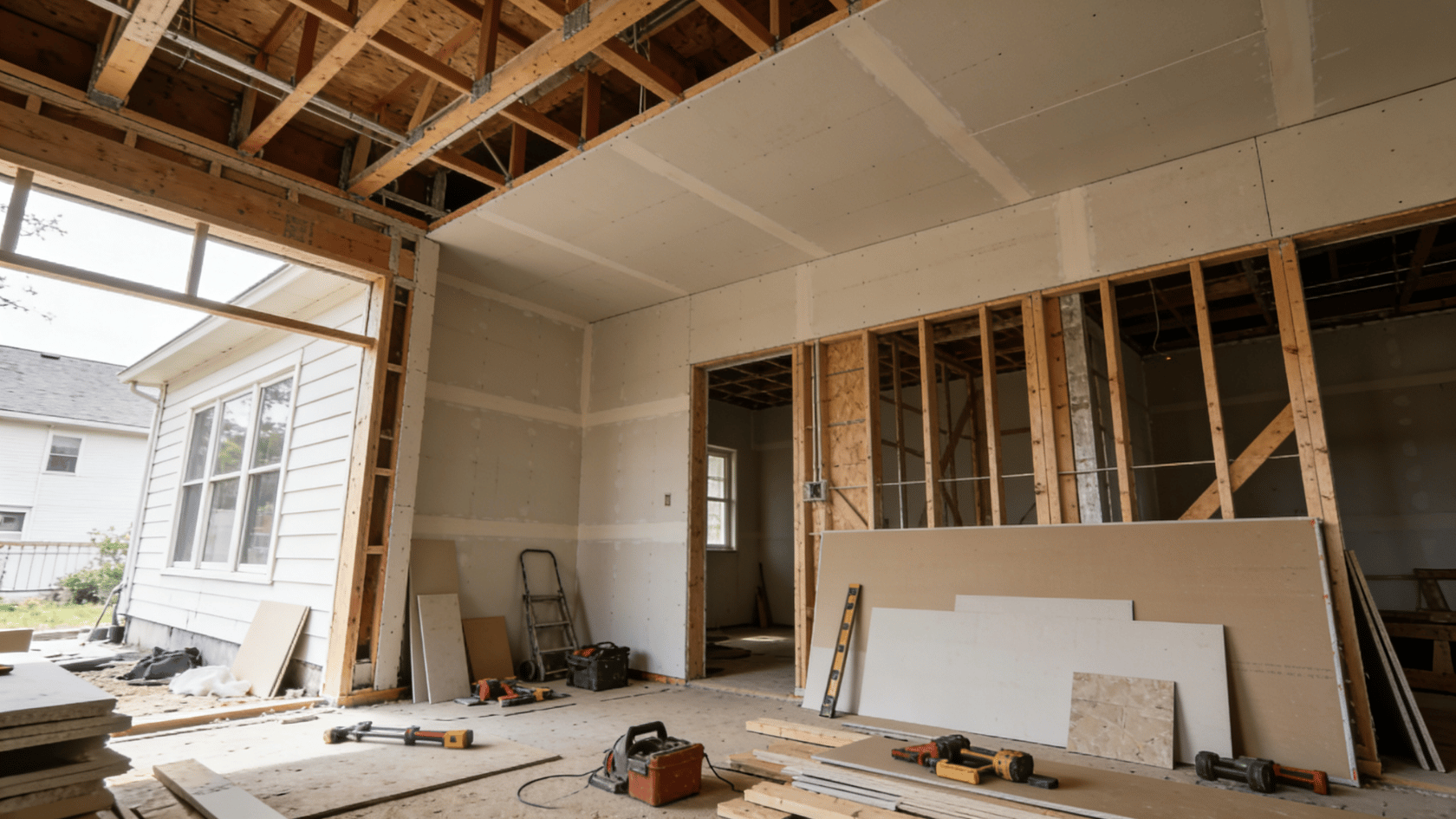 House interior under construction with exposed beams, drywall, and tools.